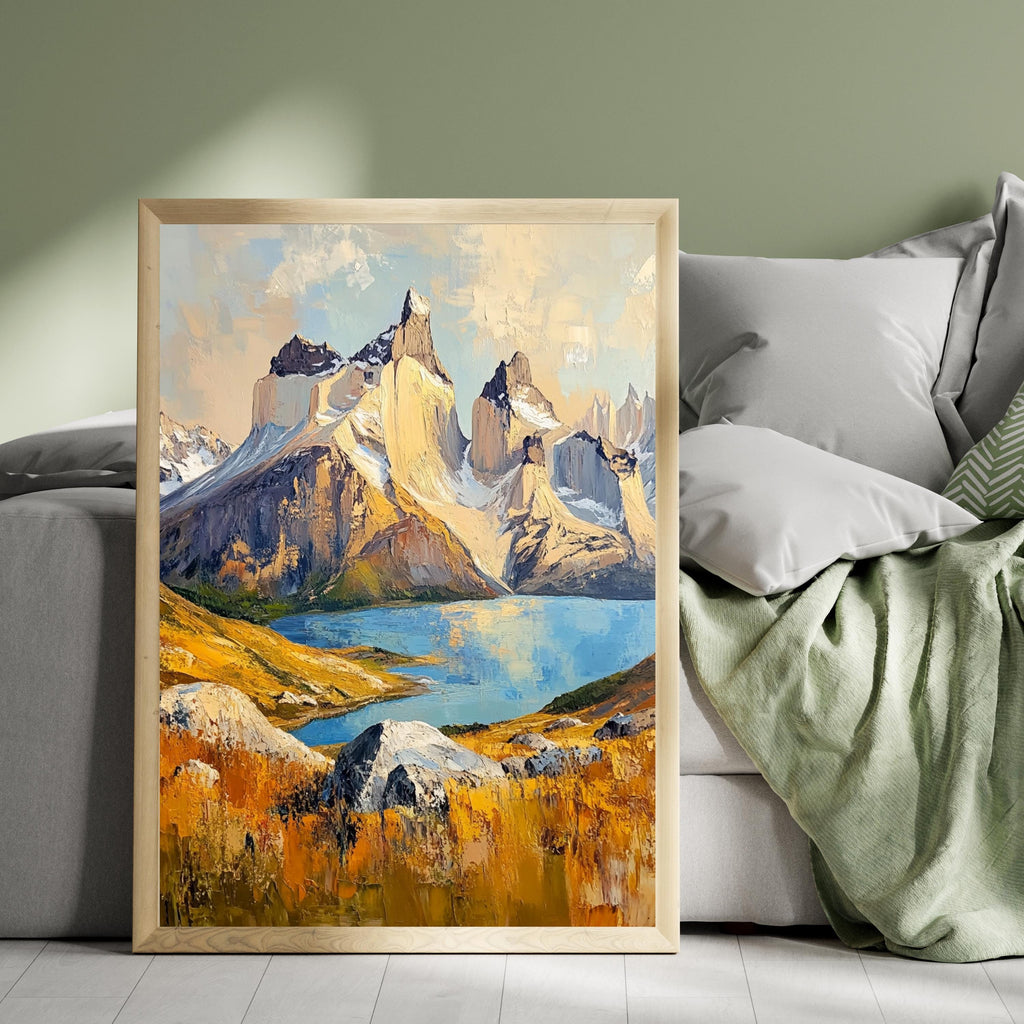 Torres del Paine Chile Wall Art – Beige Palette Knife Oil Painting – Patagonian Mountain Landscape Print