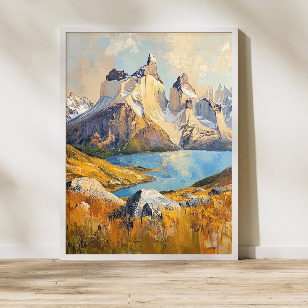 Torres del Paine Chile Wall Art – Beige Palette Knife Oil Painting – Patagonian Mountain Landscape Print