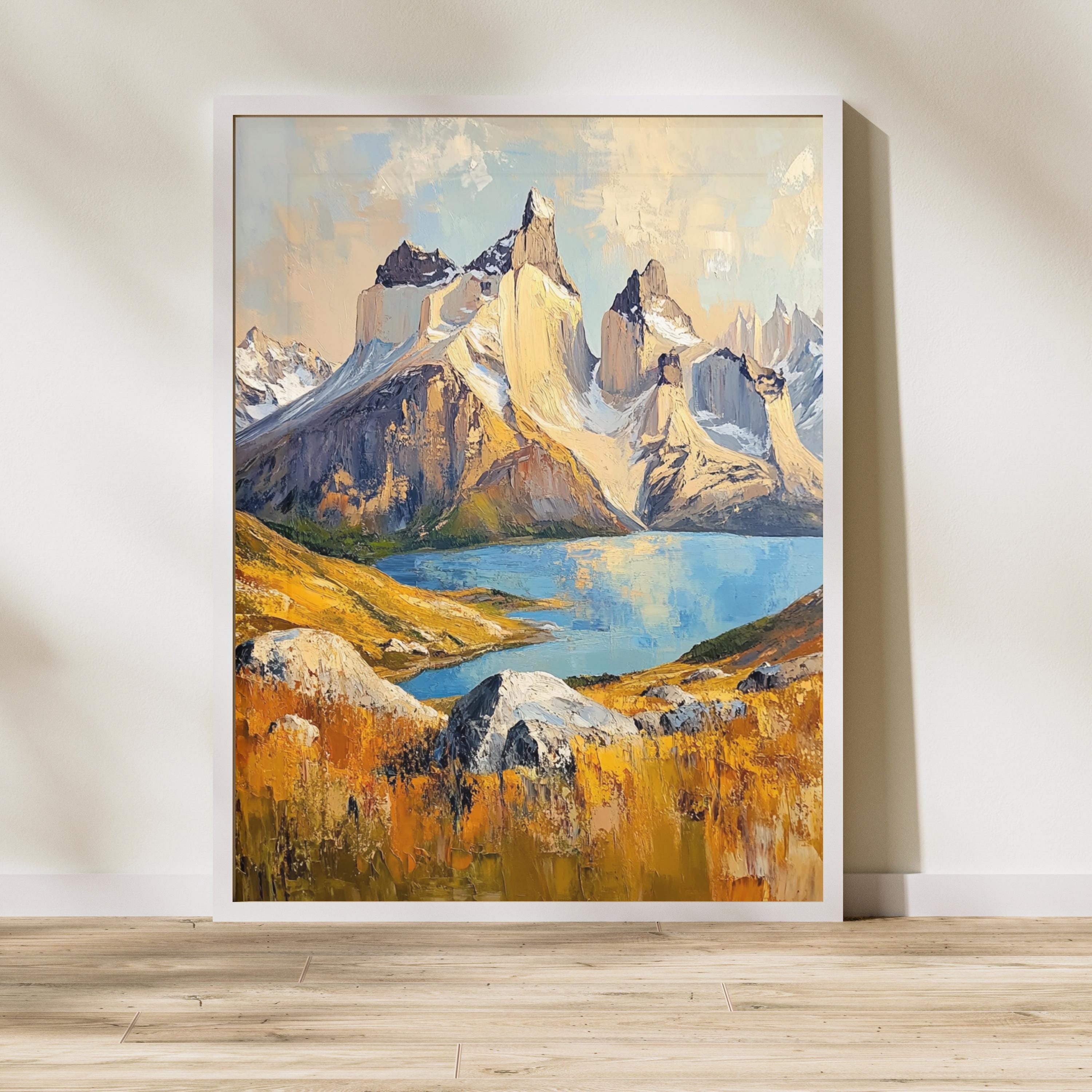 Torres del Paine Chile Wall Art – Beige Palette Knife Oil Painting – Patagonian Mountain Landscape Print