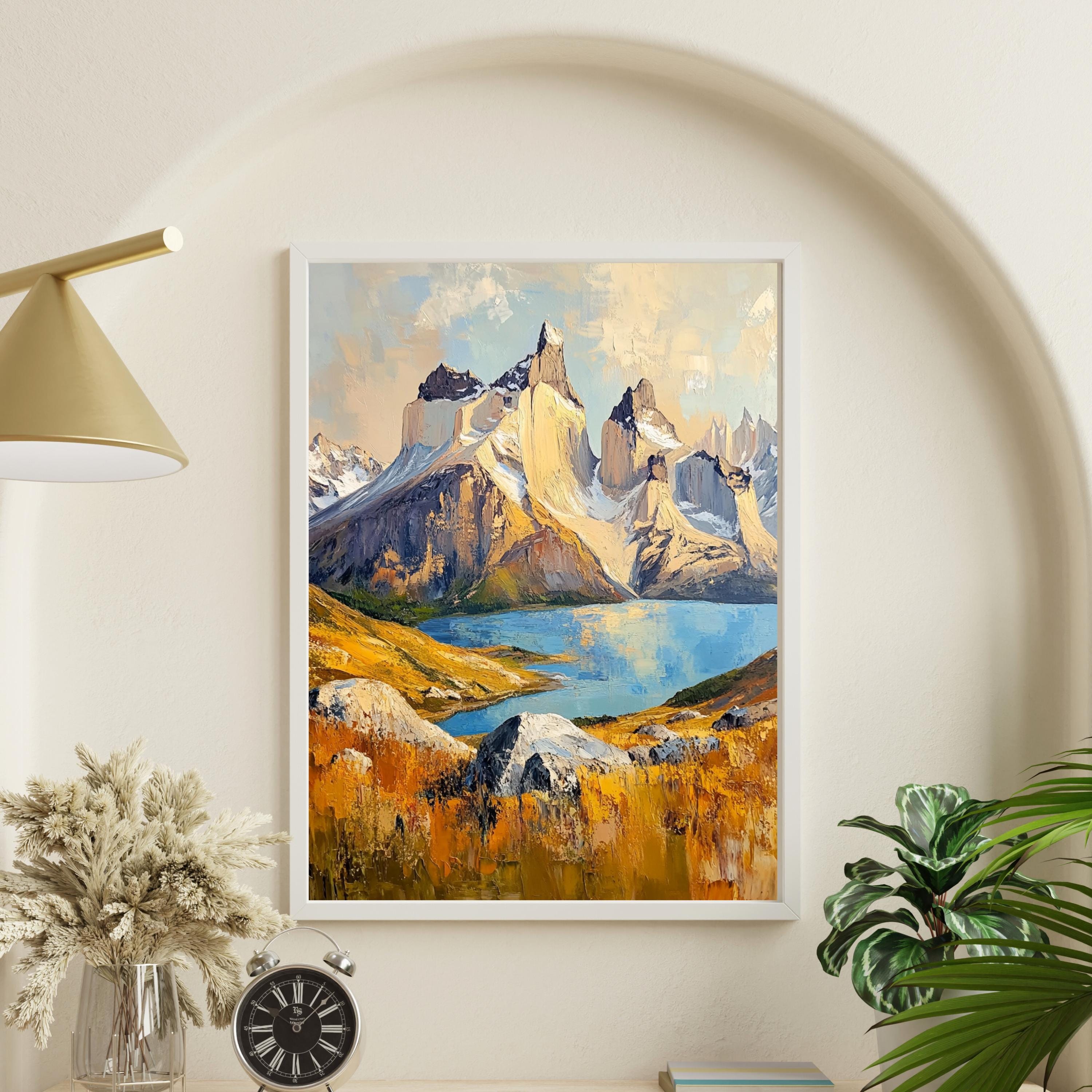 Torres del Paine Chile Wall Art – Beige Palette Knife Oil Painting – Patagonian Mountain Landscape Print