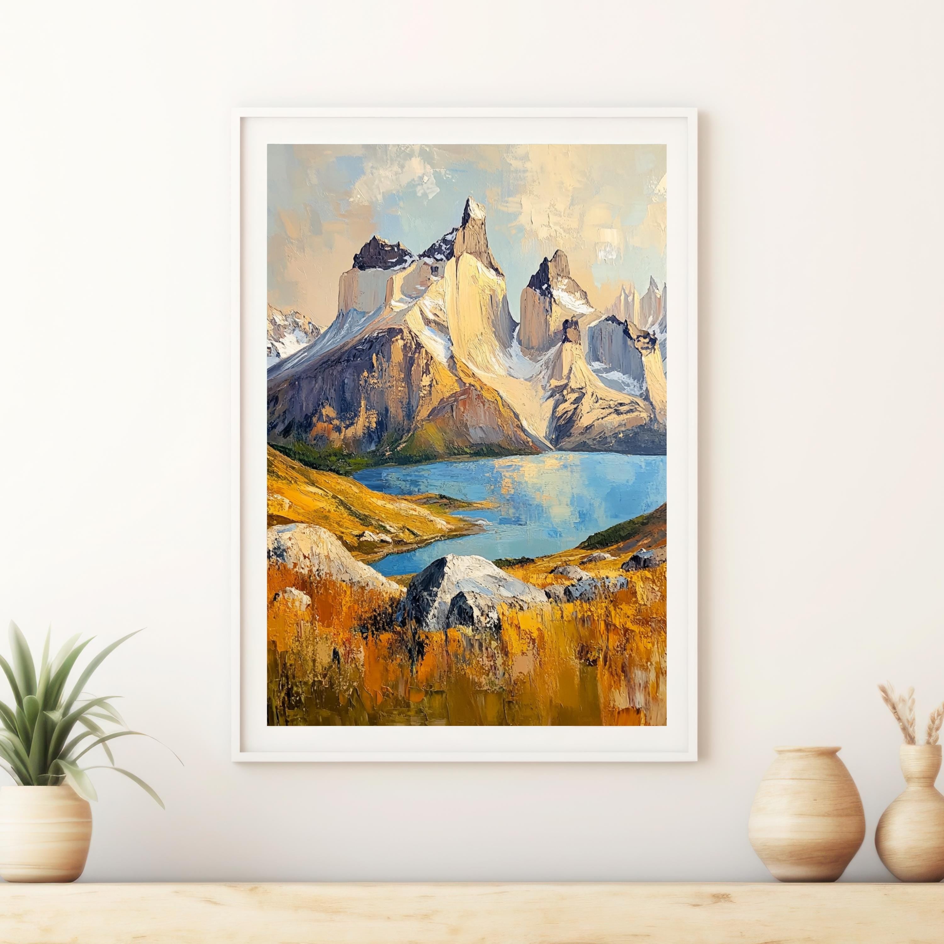 Torres del Paine Chile Wall Art – Beige Palette Knife Oil Painting – Patagonian Mountain Landscape Print