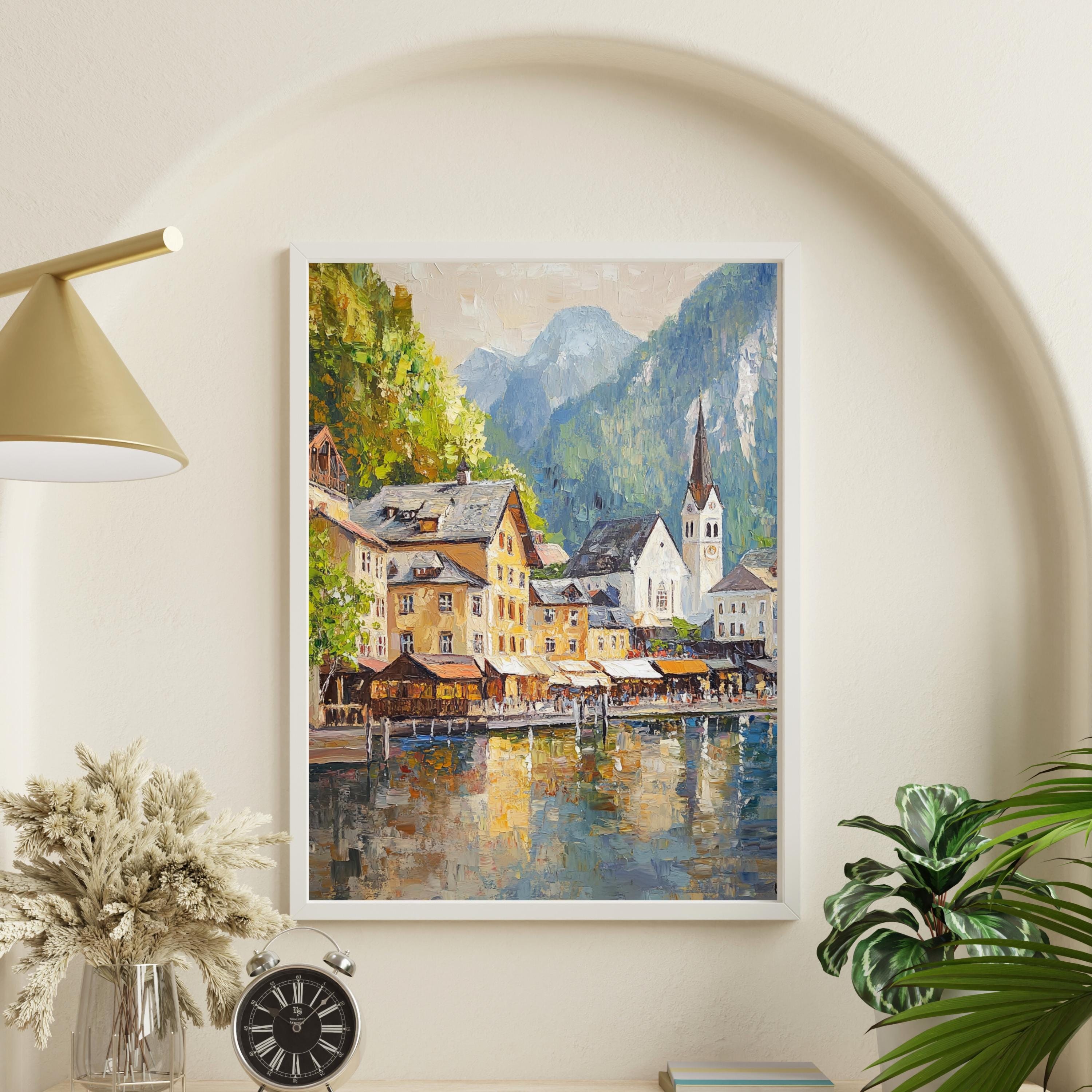 Hallstatt Austria Wall Art – Beige Palette Knife Oil Painting – European Village Lake Print