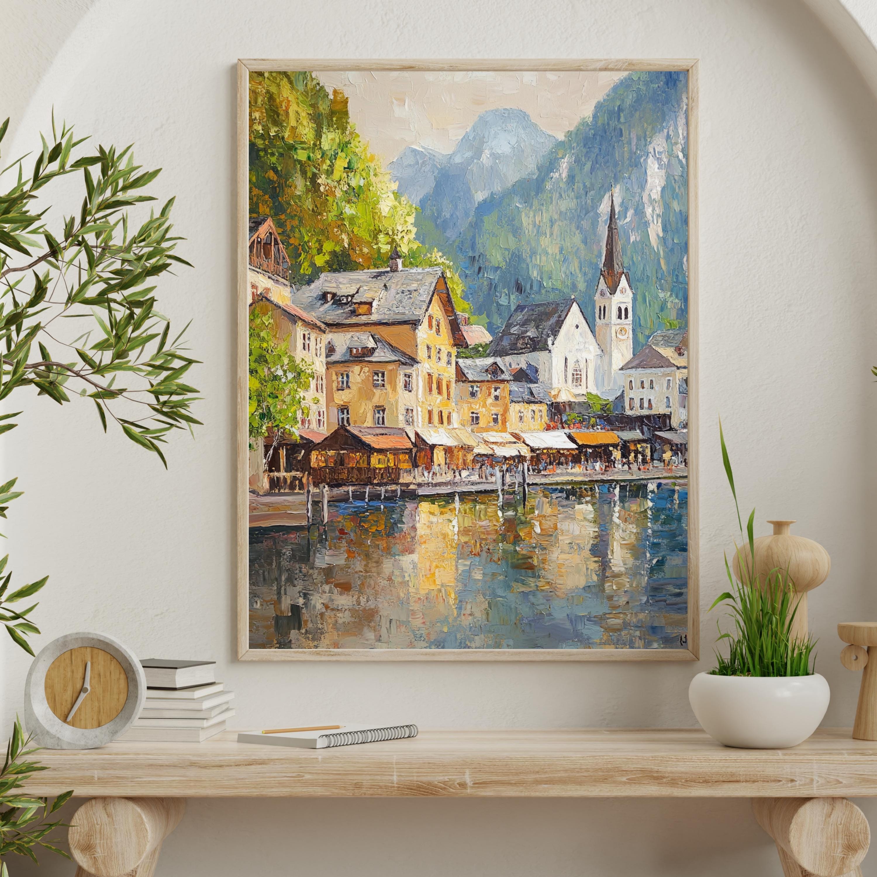Hallstatt Austria Wall Art – Beige Palette Knife Oil Painting – European Village Lake Print