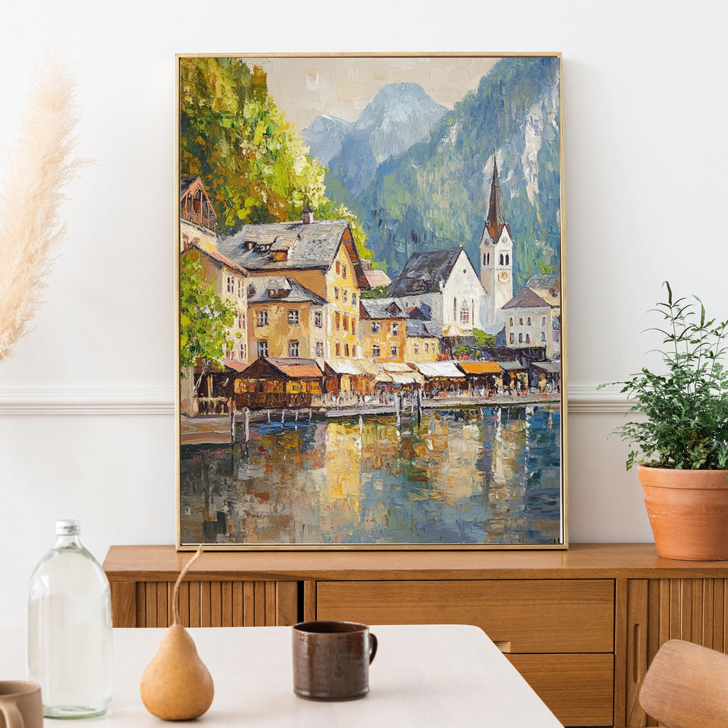 Hallstatt Austria Wall Art – Beige Palette Knife Oil Painting – European Village Lake Print