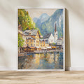 Hallstatt Austria Wall Art – Beige Palette Knife Oil Painting – European Village Lake Print
