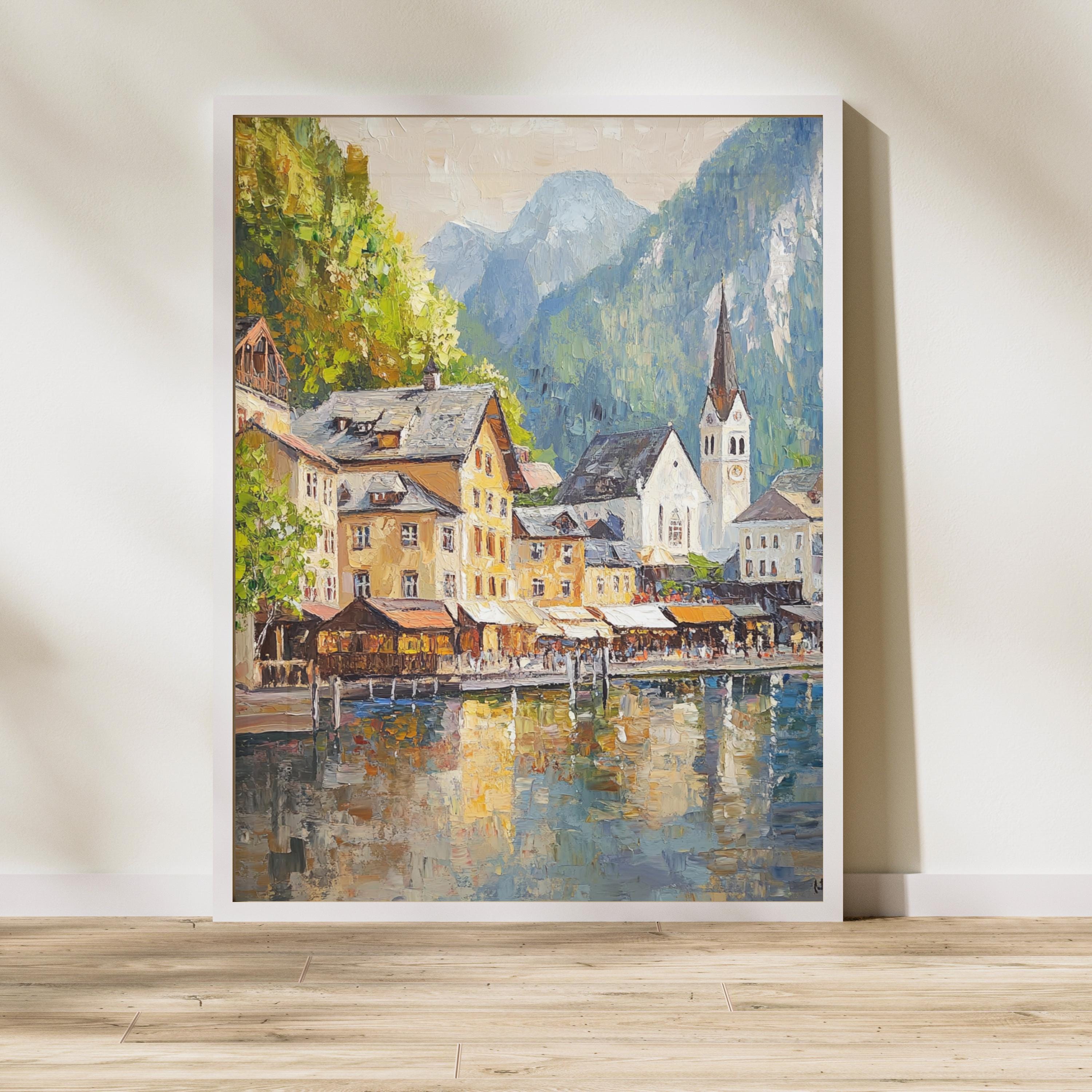 Hallstatt Austria Wall Art – Beige Palette Knife Oil Painting – European Village Lake Print