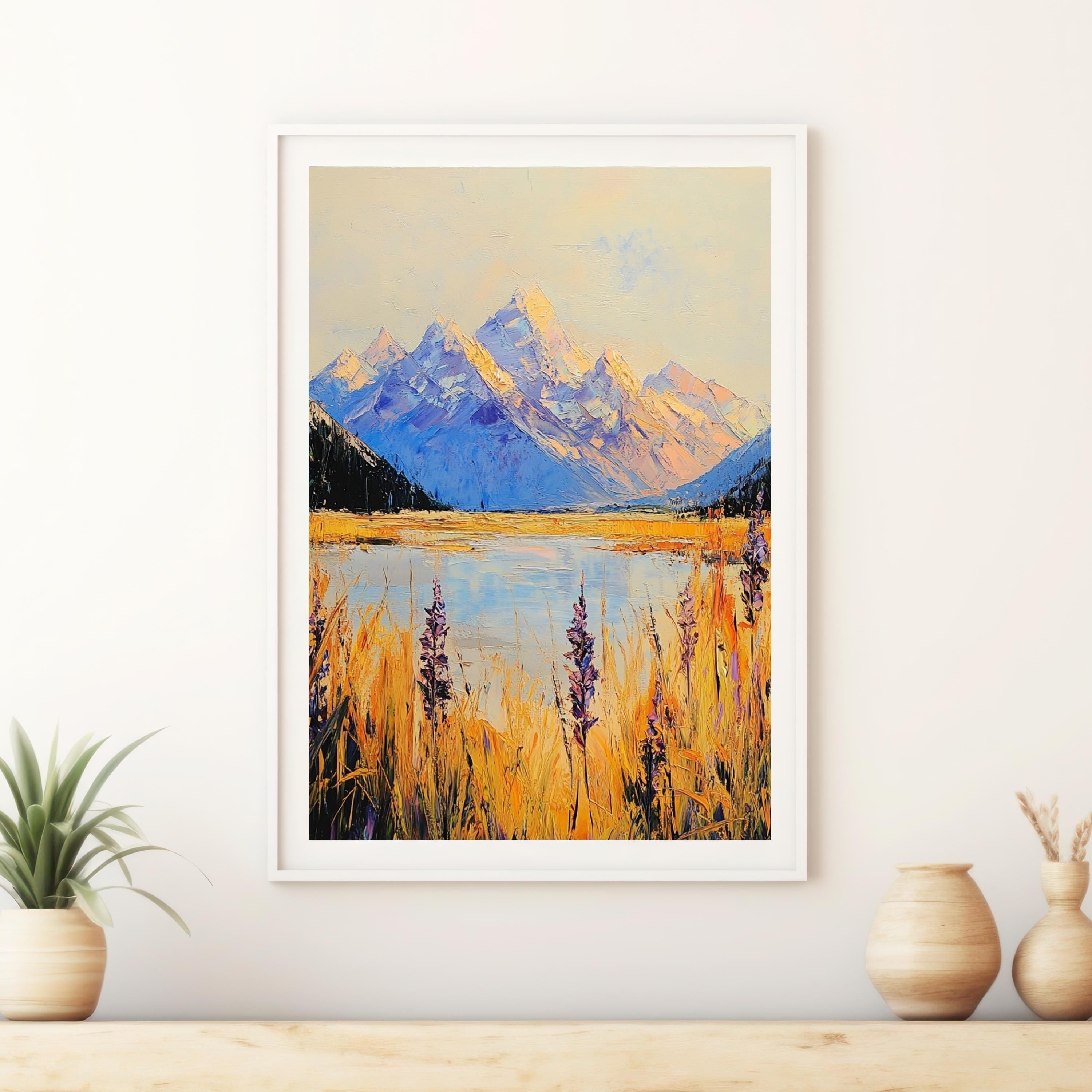 Aoraki Mount Cook New Zealand – Beige Palette Knife Oil Painting – Textured Mountain Landscape Print