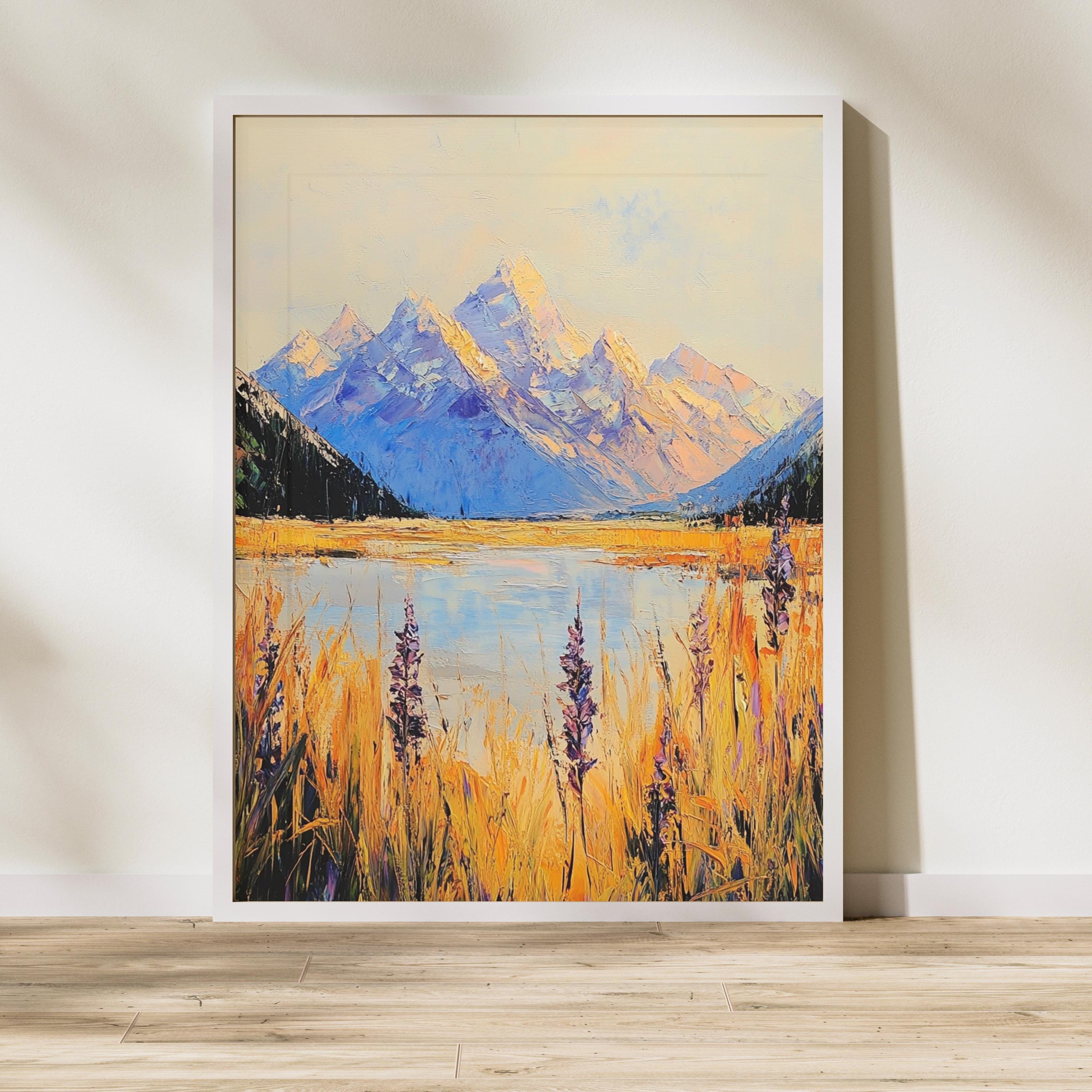 Aoraki Mount Cook New Zealand – Beige Palette Knife Oil Painting – Textured Mountain Landscape Print