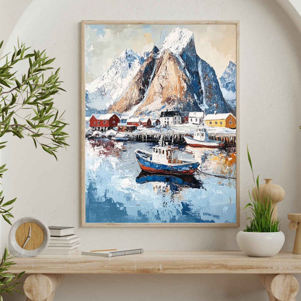 Lofoten Islands Norway Wall Art – Beige Palette Knife Oil Painting – Arctic Coastal Landscape Print