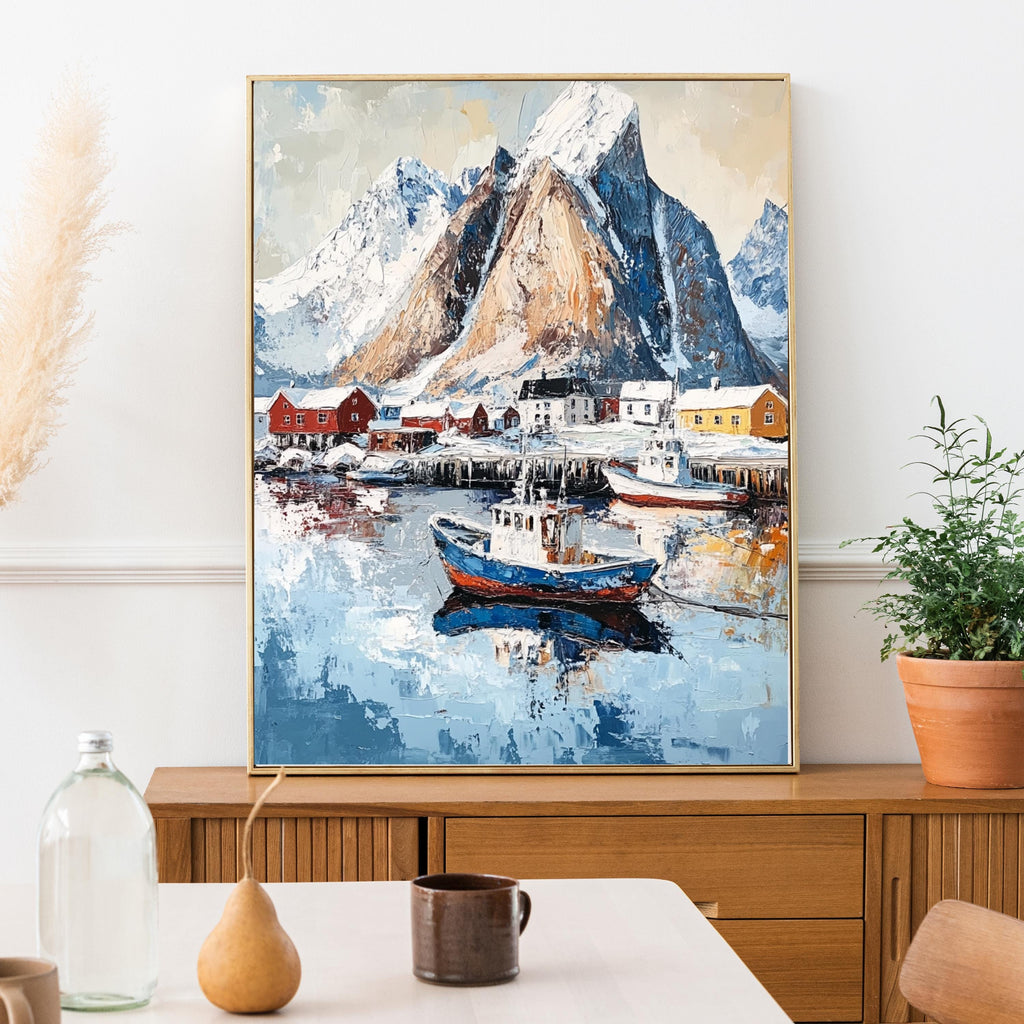 Lofoten Islands Norway Wall Art – Beige Palette Knife Oil Painting – Arctic Coastal Landscape Print