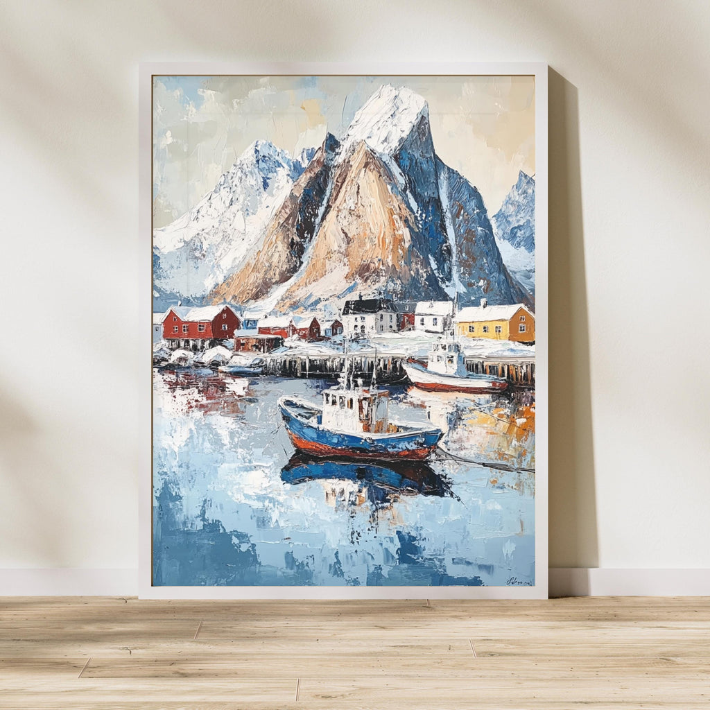 Lofoten Islands Norway Wall Art – Beige Palette Knife Oil Painting – Arctic Coastal Landscape Print