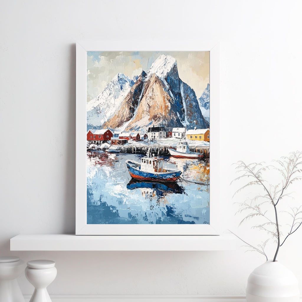 Lofoten Islands Norway Wall Art – Beige Palette Knife Oil Painting – Arctic Coastal Landscape Print