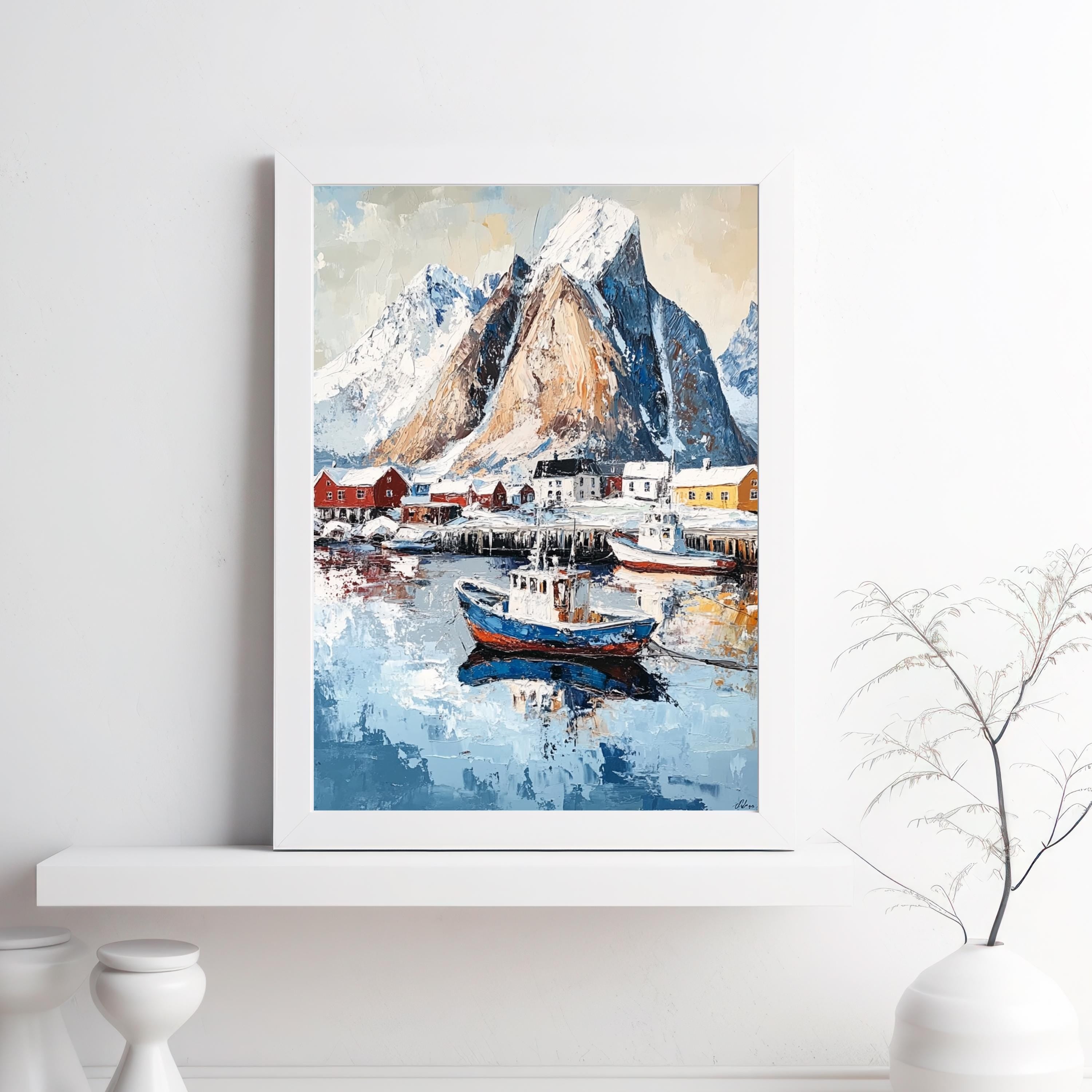 Lofoten Islands Norway Wall Art – Beige Palette Knife Oil Painting – Arctic Coastal Landscape Print