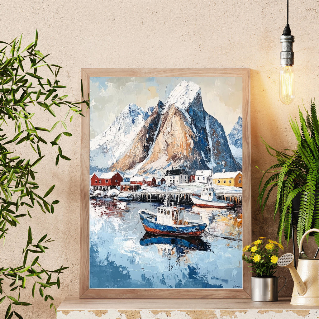 Lofoten Islands Norway Wall Art – Beige Palette Knife Oil Painting – Arctic Coastal Landscape Print