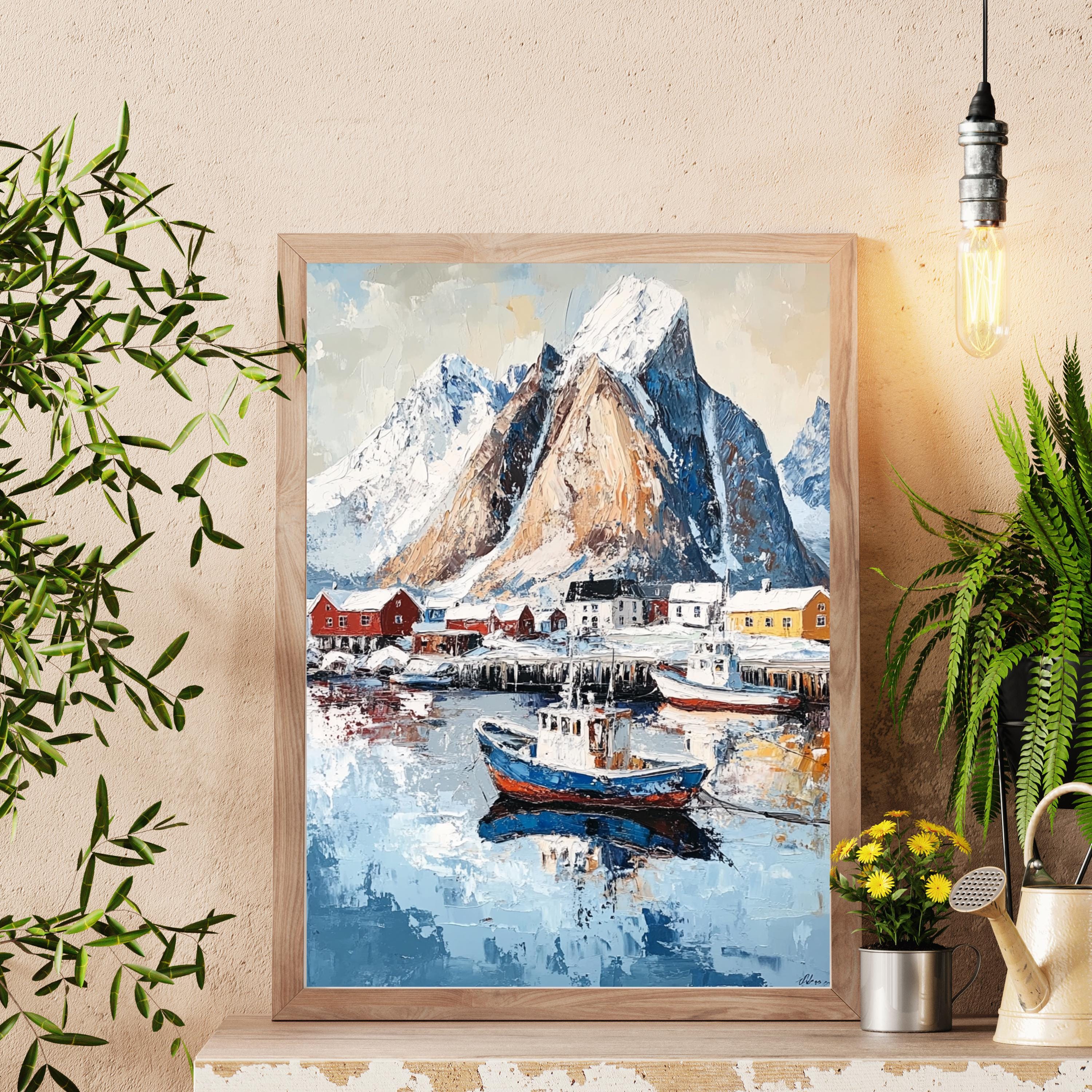 Lofoten Islands Norway Wall Art – Beige Palette Knife Oil Painting – Arctic Coastal Landscape Print