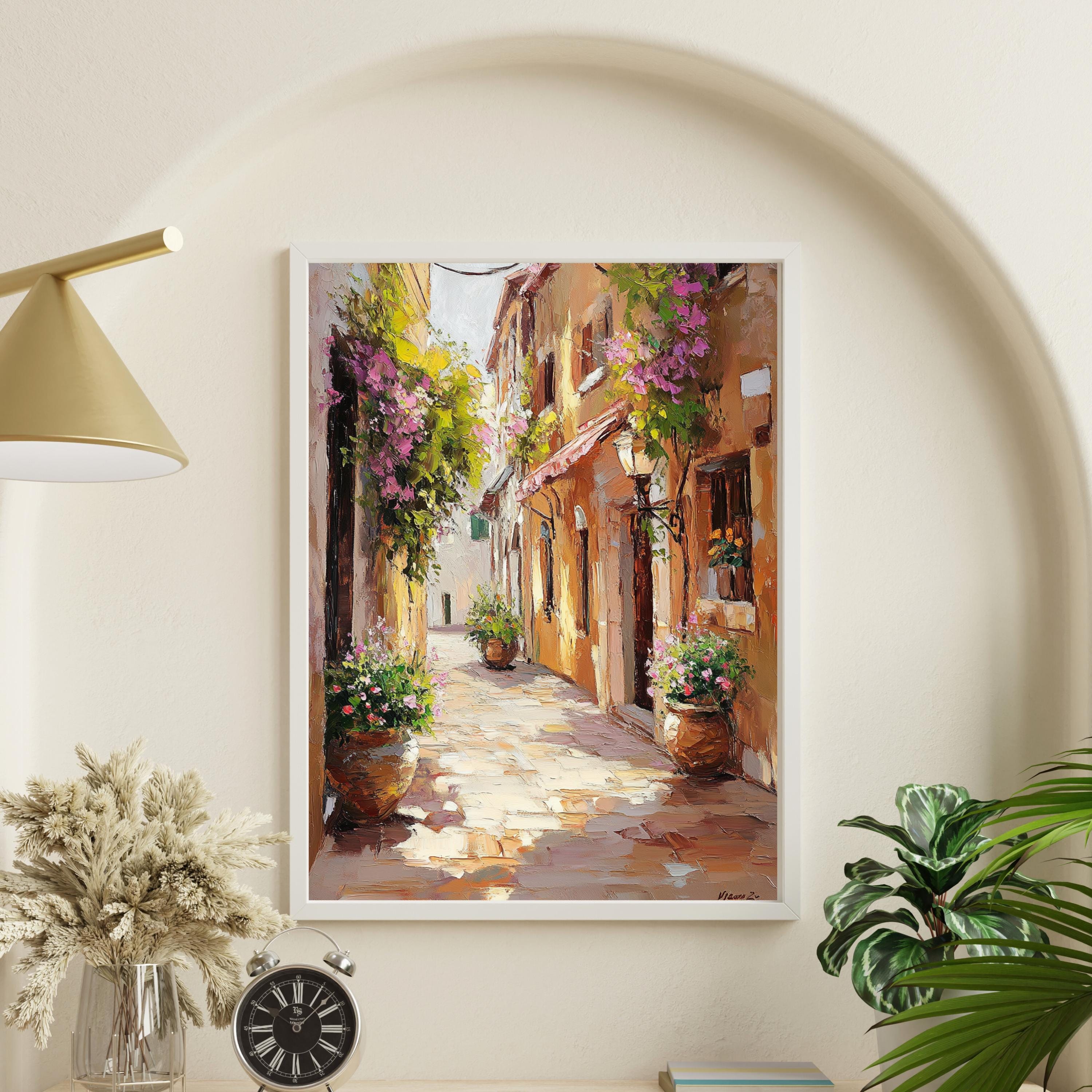 Cinque Terre Italy Wall Art – Beige Palette Knife Oil Painting – Italian Coastal Village Print