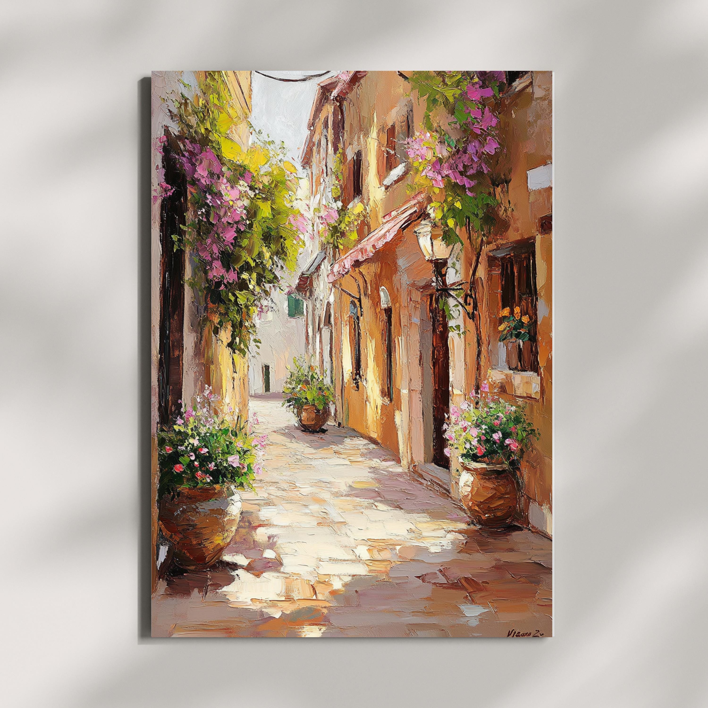 Cinque Terre Italy Wall Art – Beige Palette Knife Oil Painting – Italian Coastal Village Print