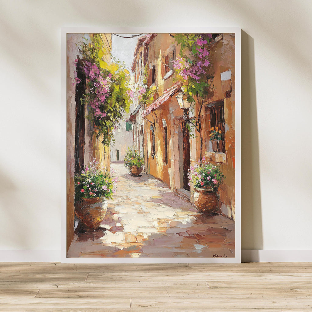 Cinque Terre Italy Wall Art – Beige Palette Knife Oil Painting – Italian Coastal Village Print