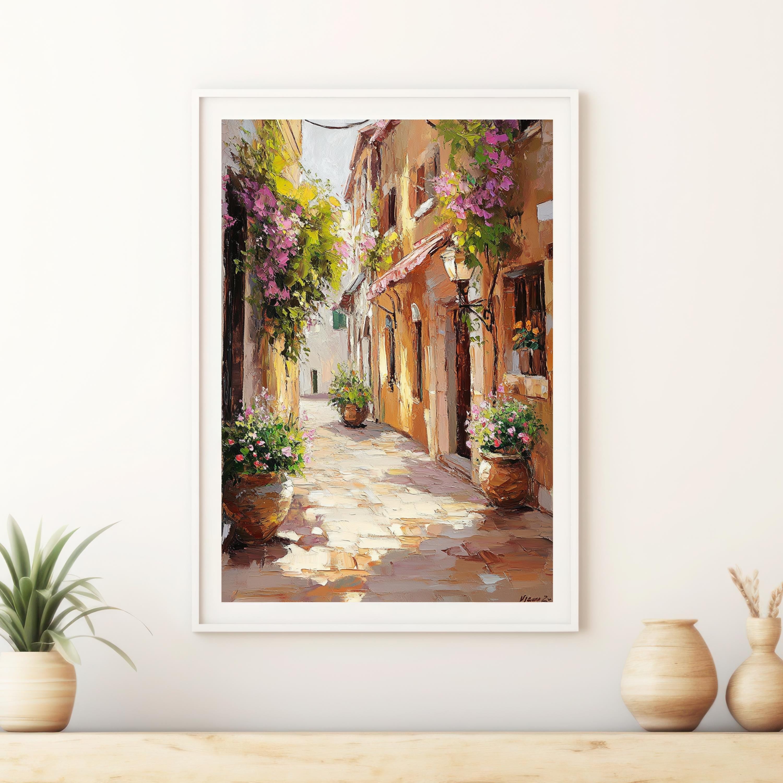 Cinque Terre Italy Wall Art – Beige Palette Knife Oil Painting – Italian Coastal Village Print