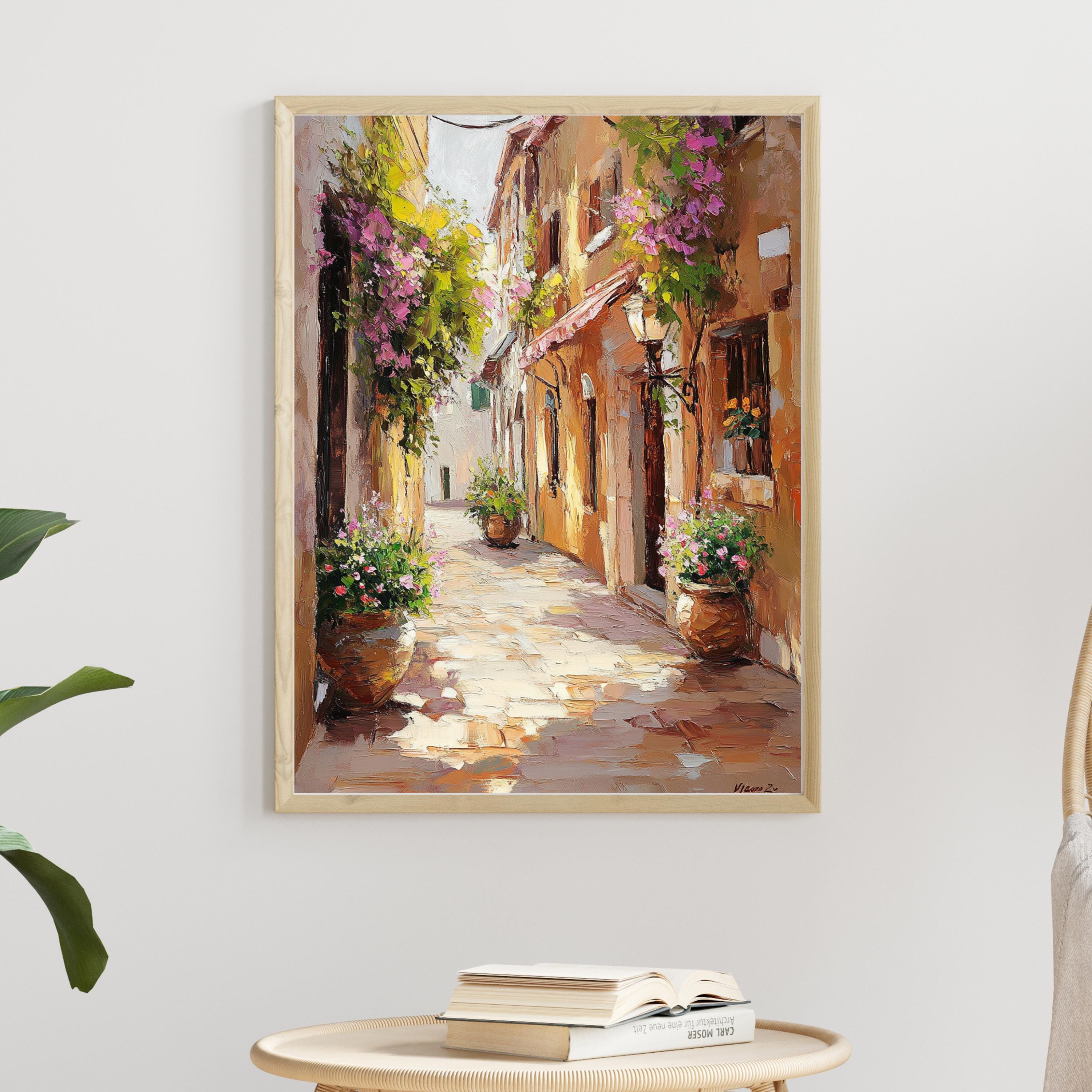 Cinque Terre Italy Wall Art – Beige Palette Knife Oil Painting – Italian Coastal Village Print