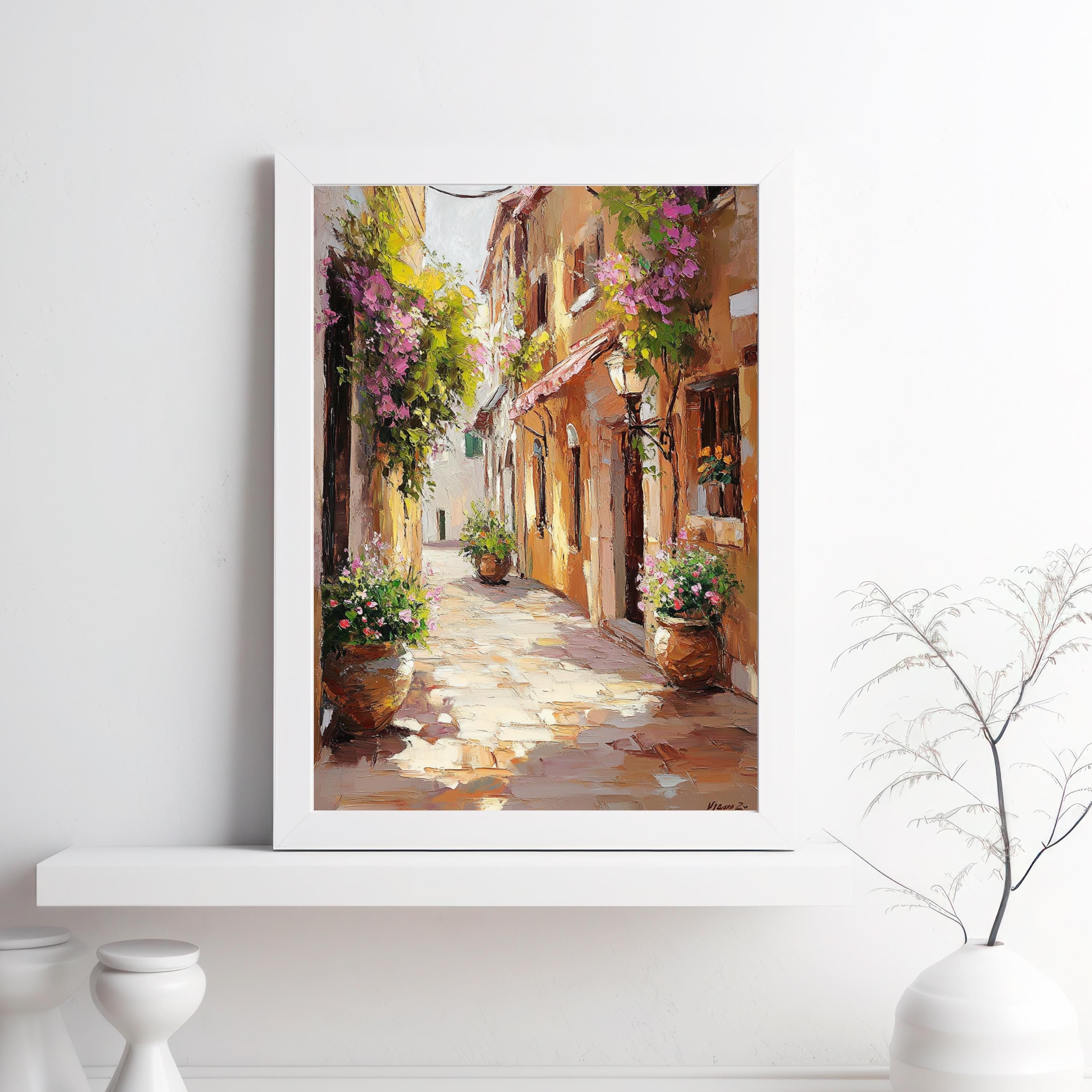 Cinque Terre Italy Wall Art – Beige Palette Knife Oil Painting – Italian Coastal Village Print
