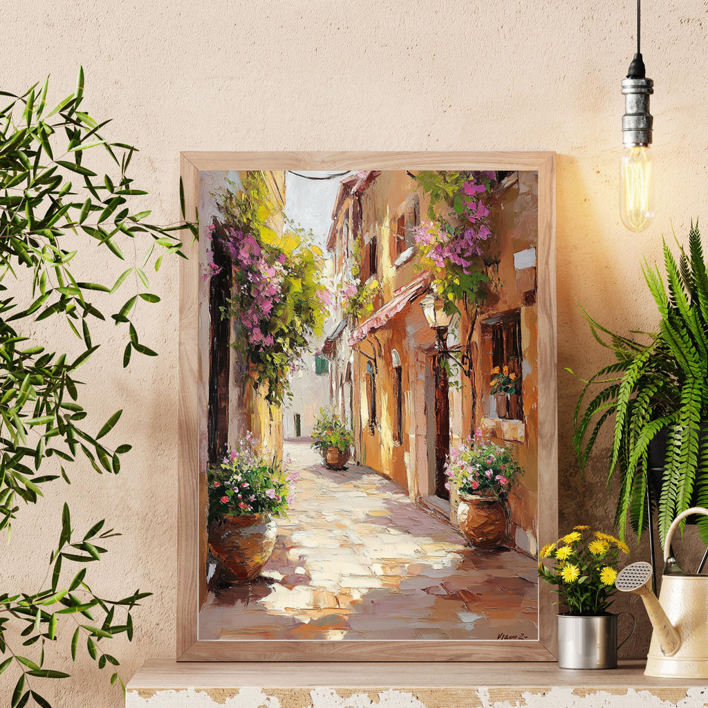 Cinque Terre Italy Wall Art – Beige Palette Knife Oil Painting – Italian Coastal Village Print