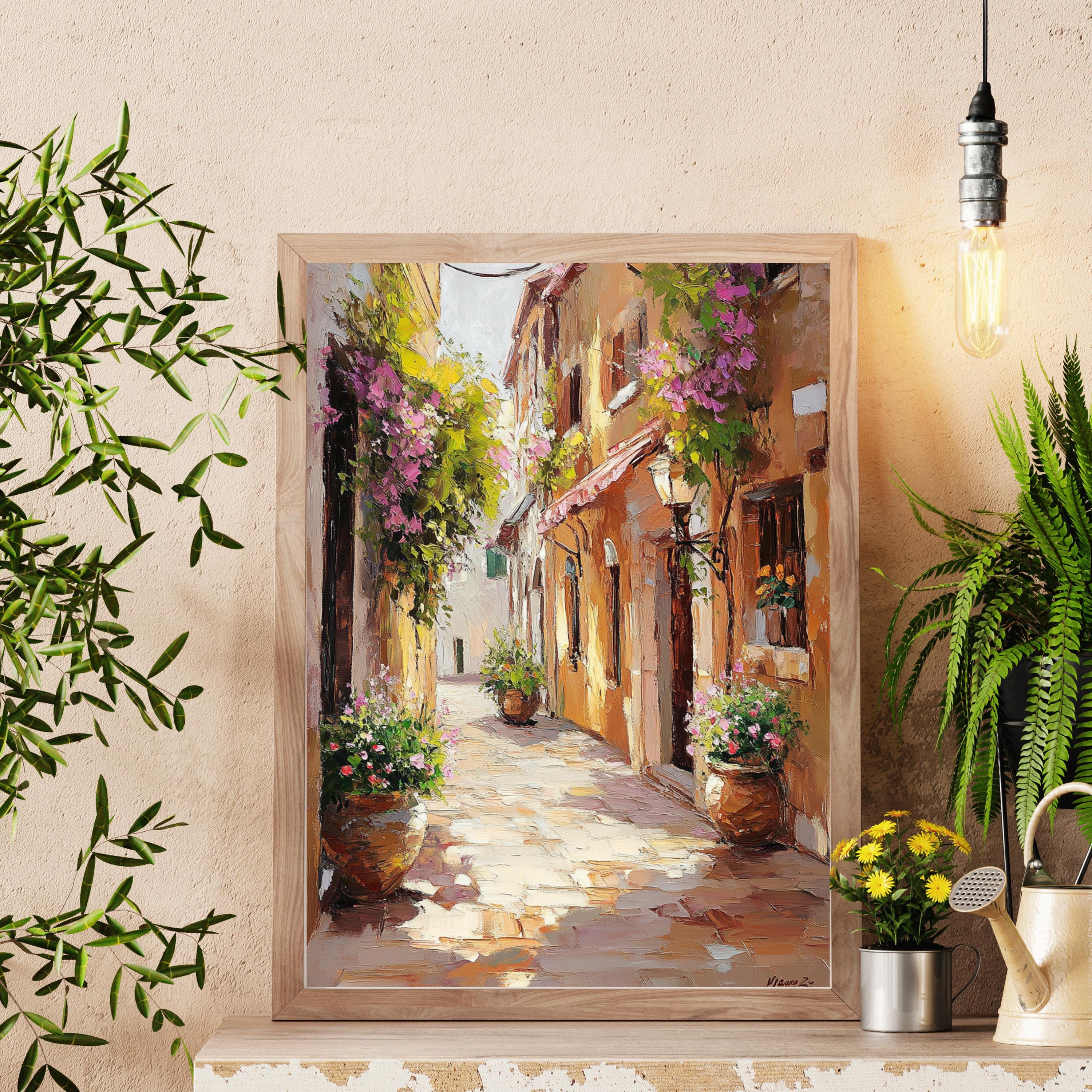 Cinque Terre Italy Wall Art – Beige Palette Knife Oil Painting – Italian Coastal Village Print