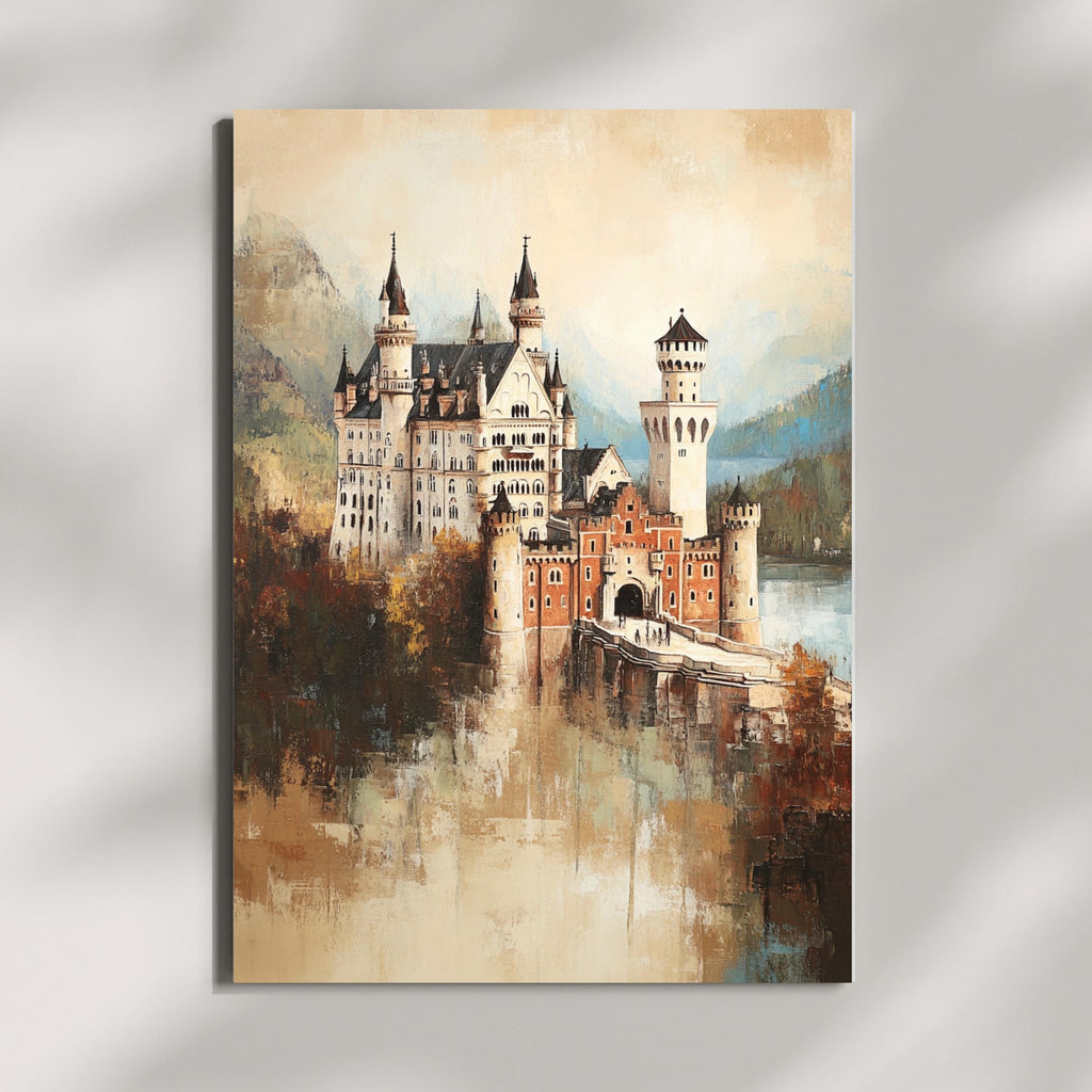 Neuschwanstein - The Dreamer's Fortress – Textured Beige Oil Painting of Neuschwanstein Castle Germany