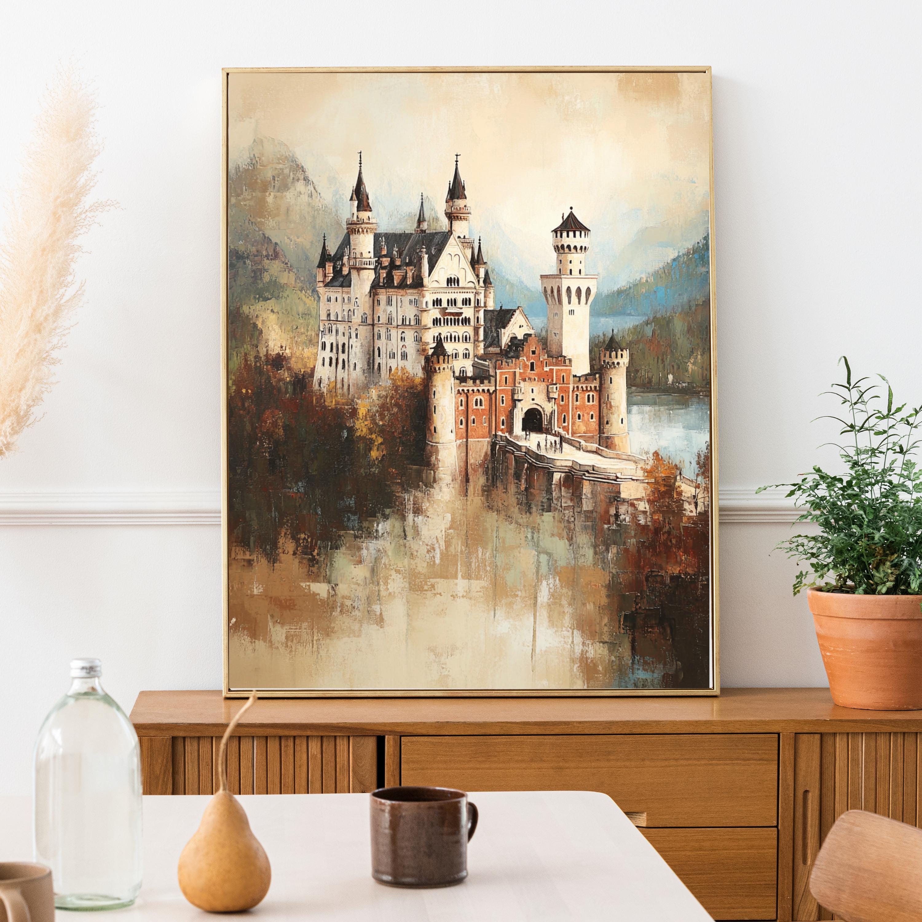 Neuschwanstein - The Dreamer's Fortress – Textured Beige Oil Painting of Neuschwanstein Castle Germany