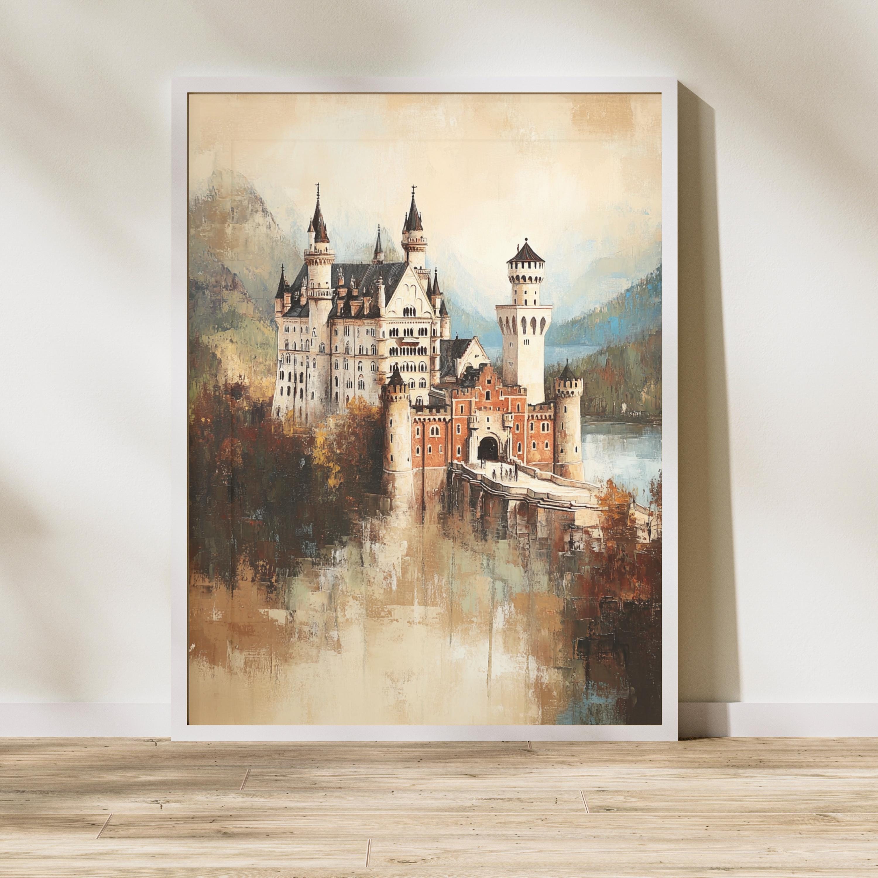 Neuschwanstein - The Dreamer's Fortress – Textured Beige Oil Painting of Neuschwanstein Castle Germany