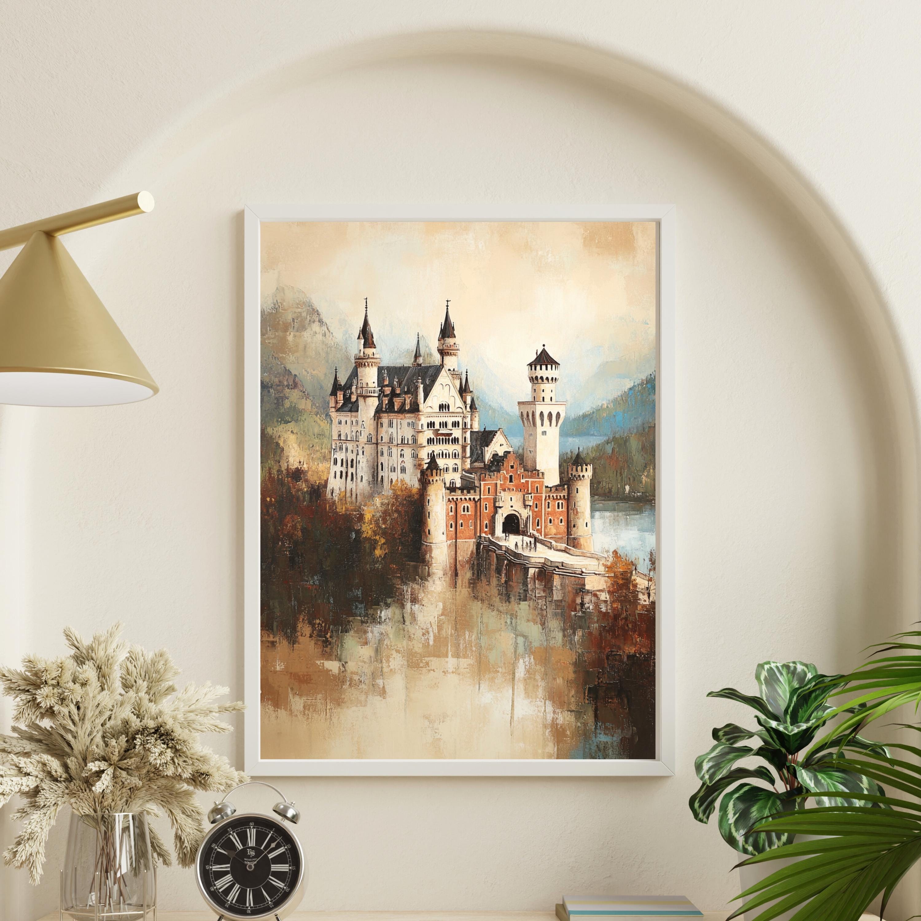 Neuschwanstein - The Dreamer's Fortress – Textured Beige Oil Painting of Neuschwanstein Castle Germany