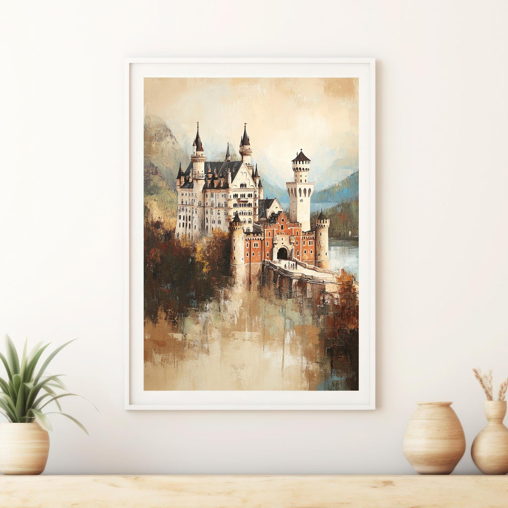 Neuschwanstein - The Dreamer's Fortress – Textured Beige Oil Painting of Neuschwanstein Castle Germany