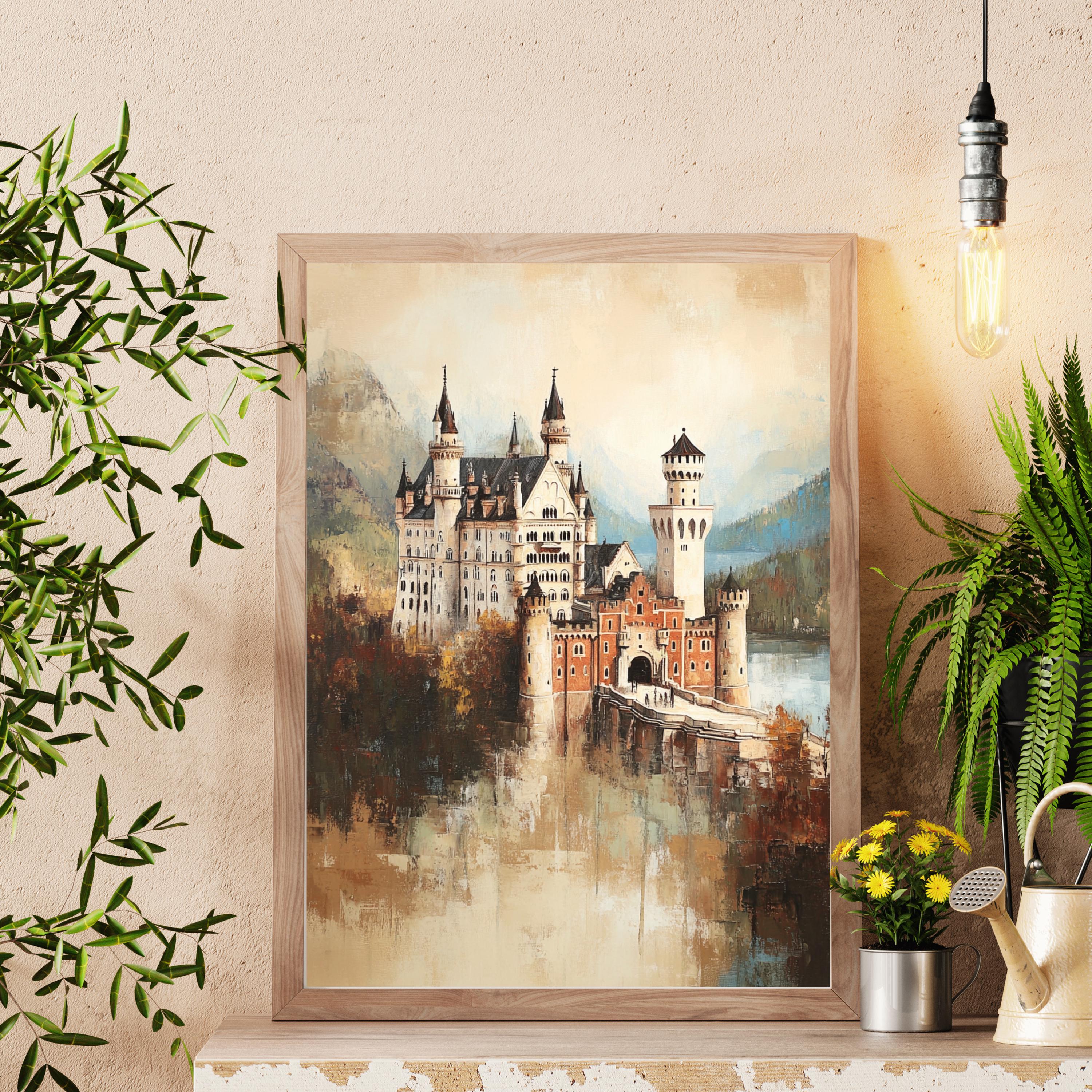 Neuschwanstein - The Dreamer's Fortress – Textured Beige Oil Painting of Neuschwanstein Castle Germany