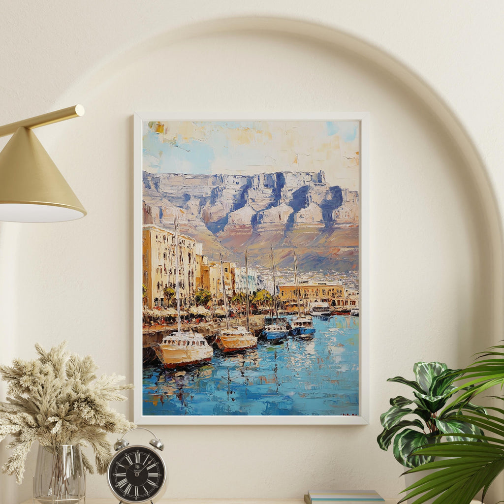 Table Mountain Cape Calm – Textured Beige Oil Painting of Table Mountain, South Africa