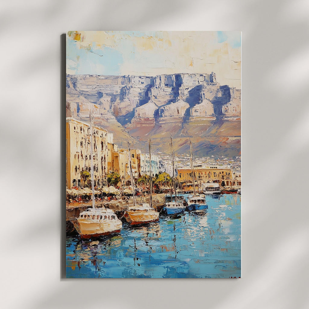 Table Mountain Cape Calm – Textured Beige Oil Painting of Table Mountain, South Africa