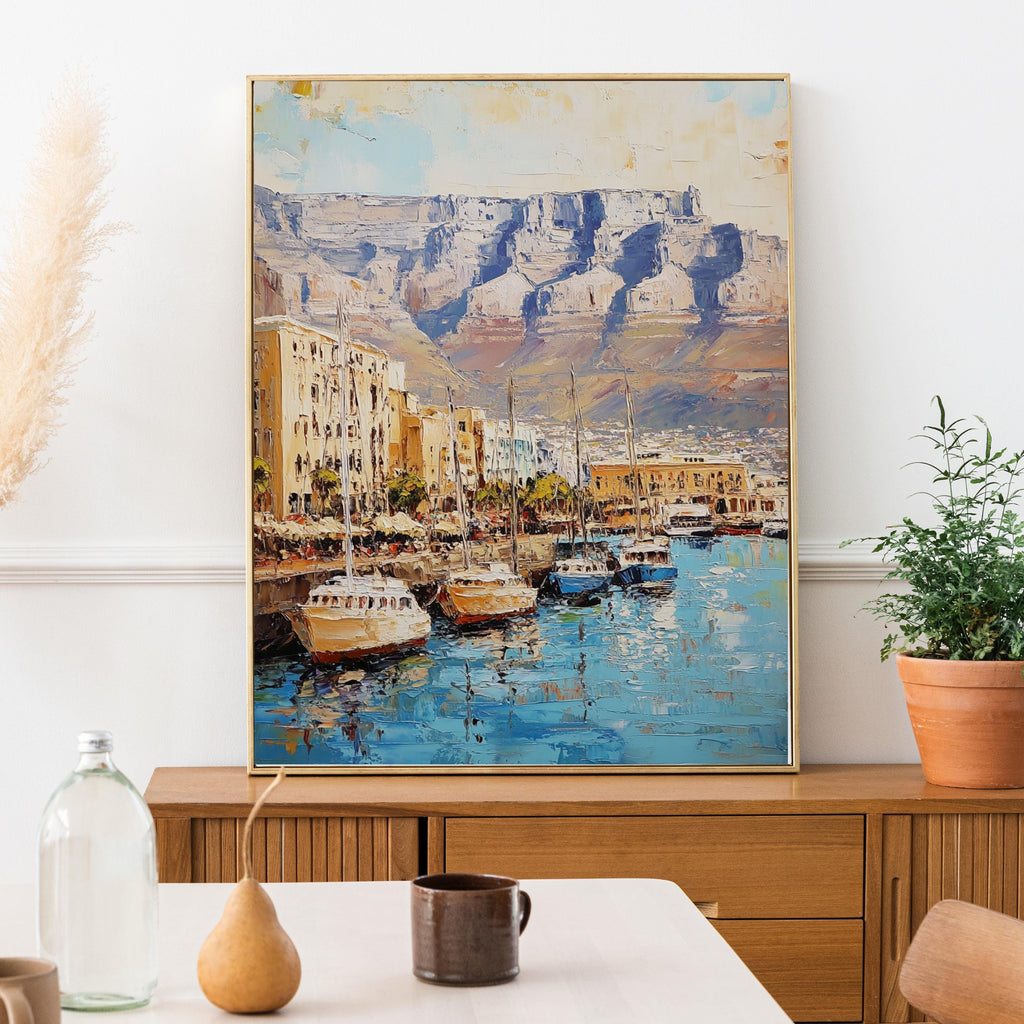 Table Mountain Cape Calm – Textured Beige Oil Painting of Table Mountain, South Africa
