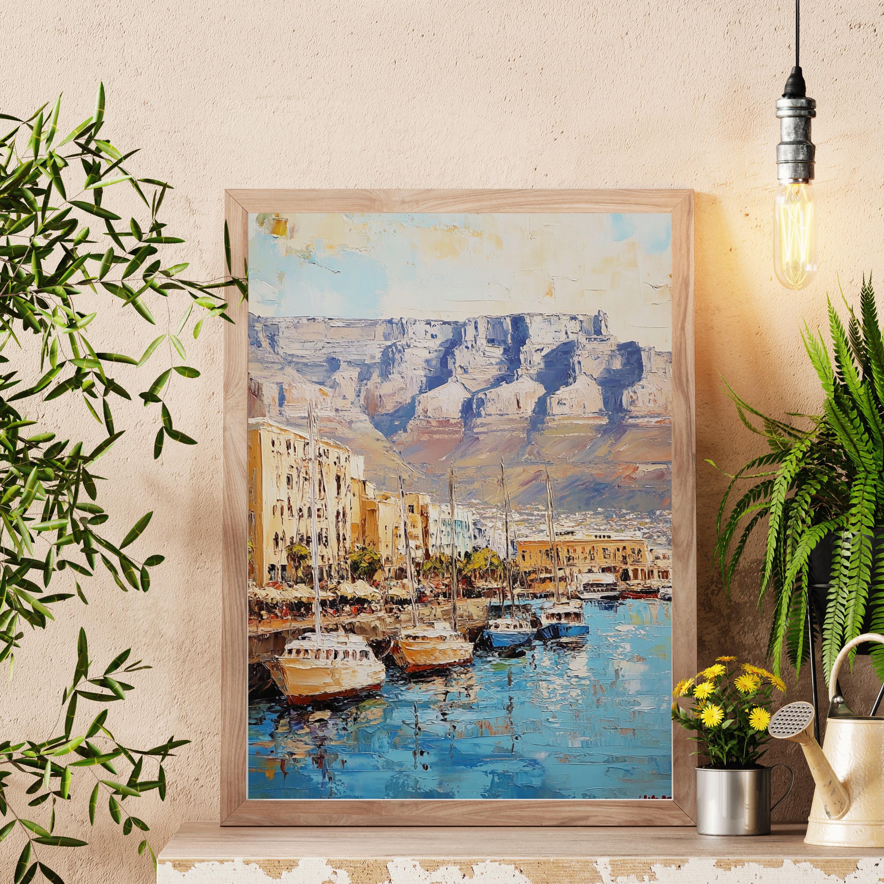 Table Mountain Cape Calm – Textured Beige Oil Painting of Table Mountain, South Africa