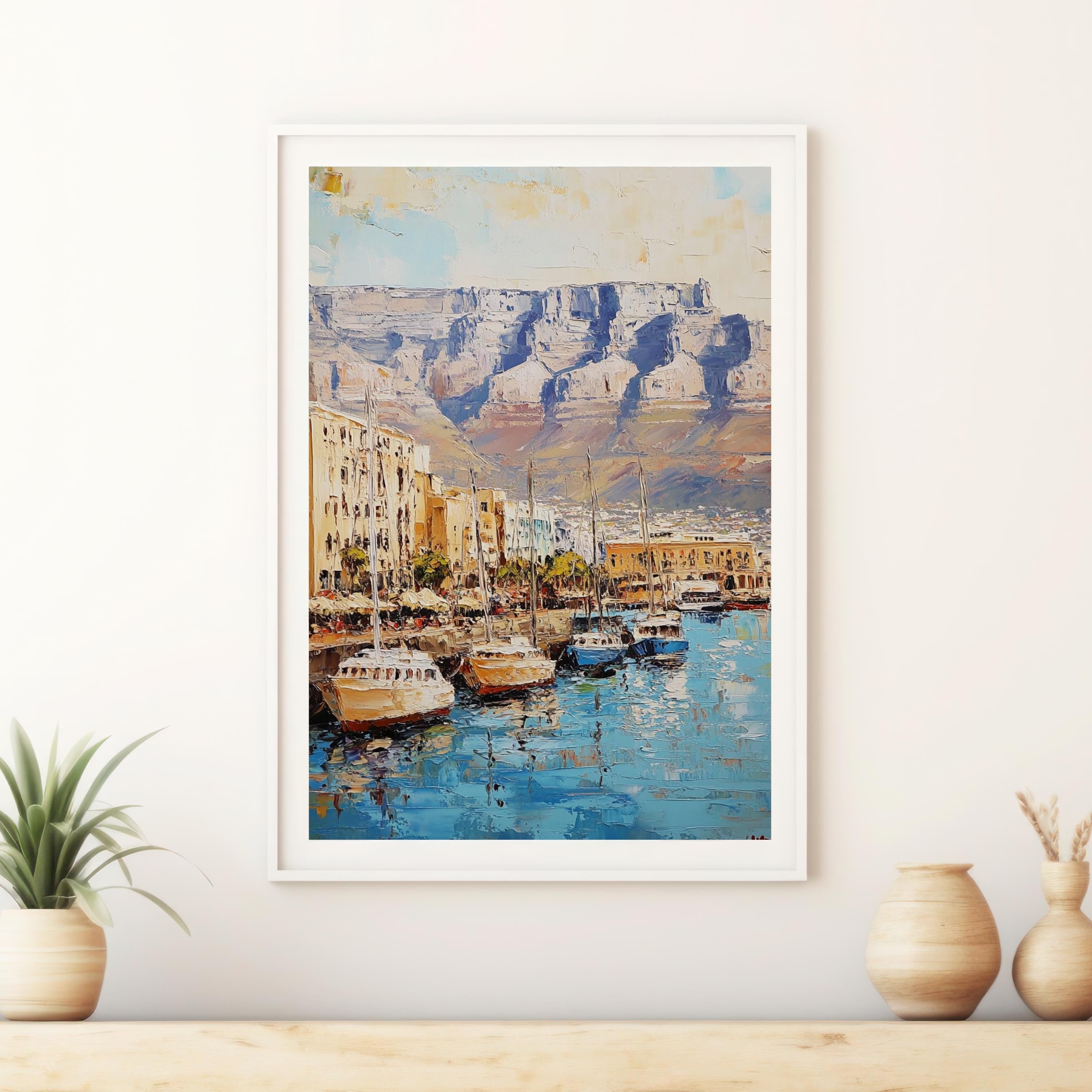 Table Mountain Cape Calm – Textured Beige Oil Painting of Table Mountain, South Africa