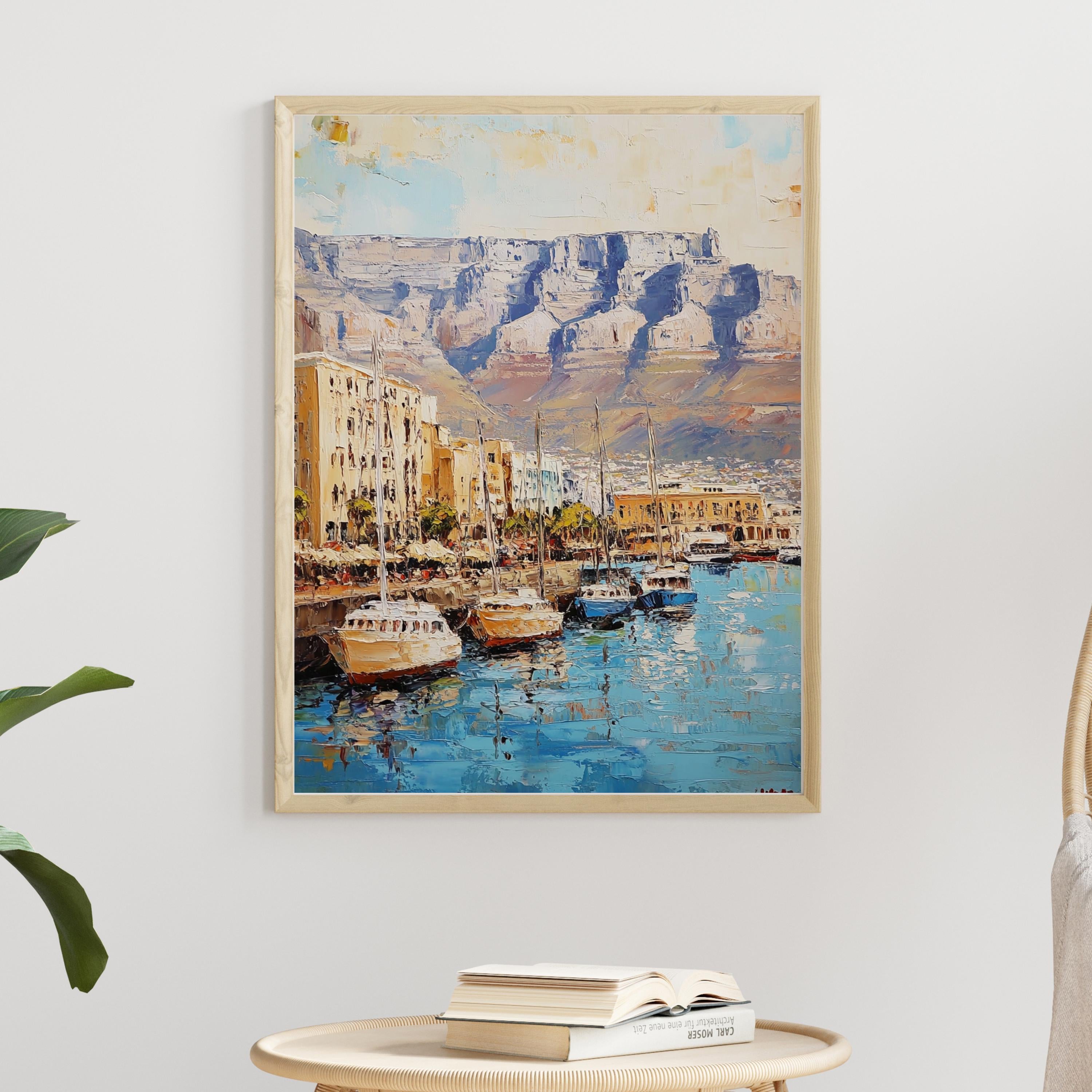 Table Mountain Cape Calm – Textured Beige Oil Painting of Table Mountain, South Africa