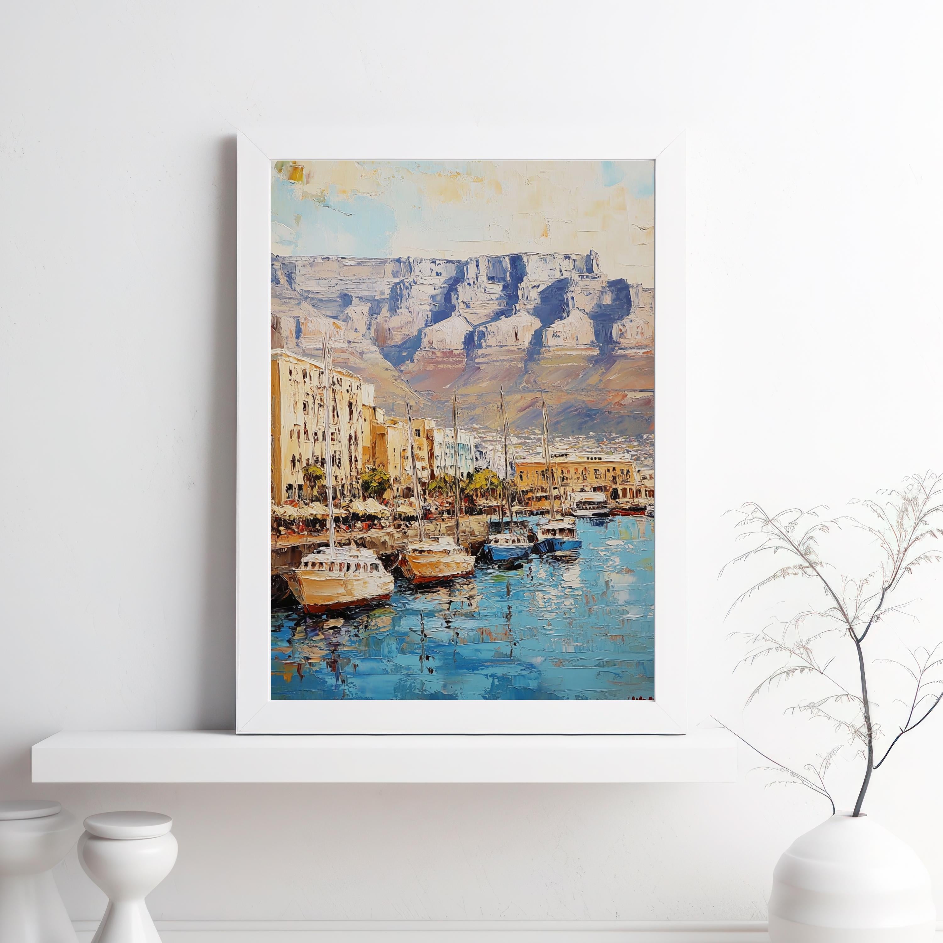 Table Mountain Cape Calm – Textured Beige Oil Painting of Table Mountain, South Africa