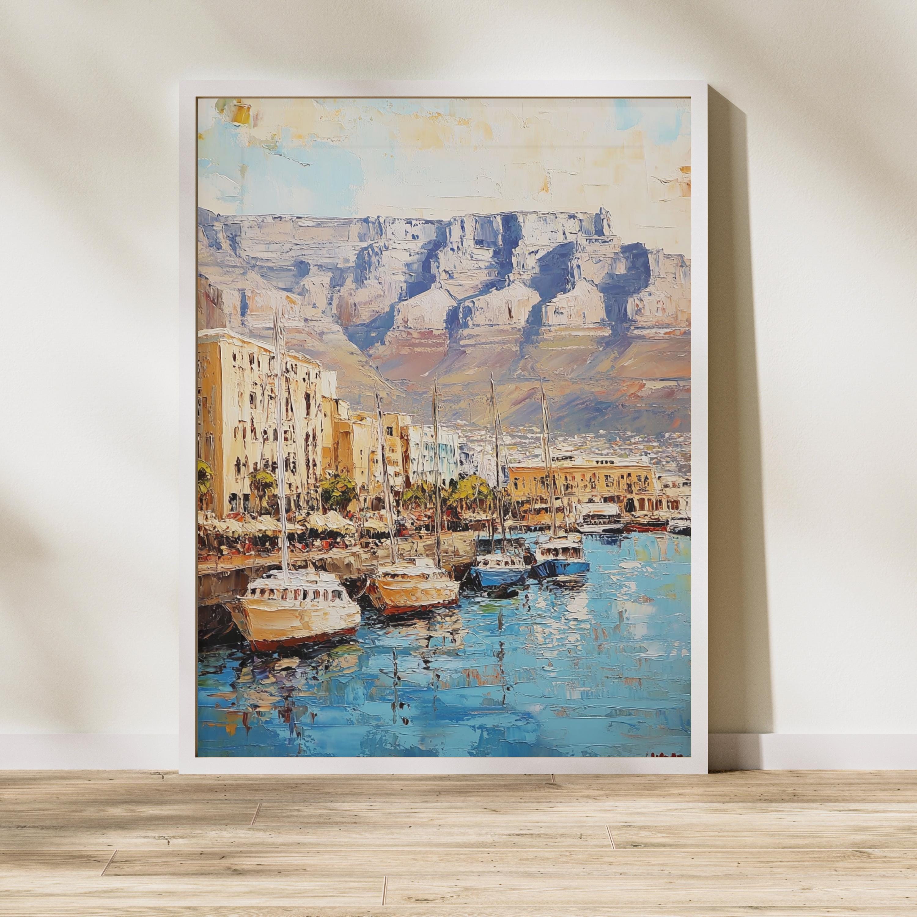 Table Mountain Cape Calm – Textured Beige Oil Painting of Table Mountain, South Africa