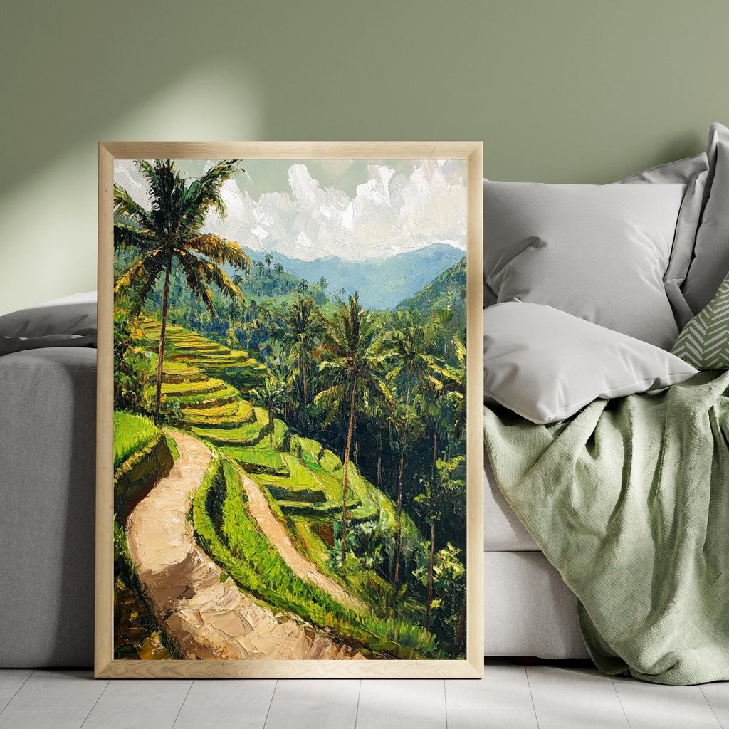 Rice terraces painting - Echoes of Ubud – Textured Beige Oil Painting of Bali’s Rice Terraces