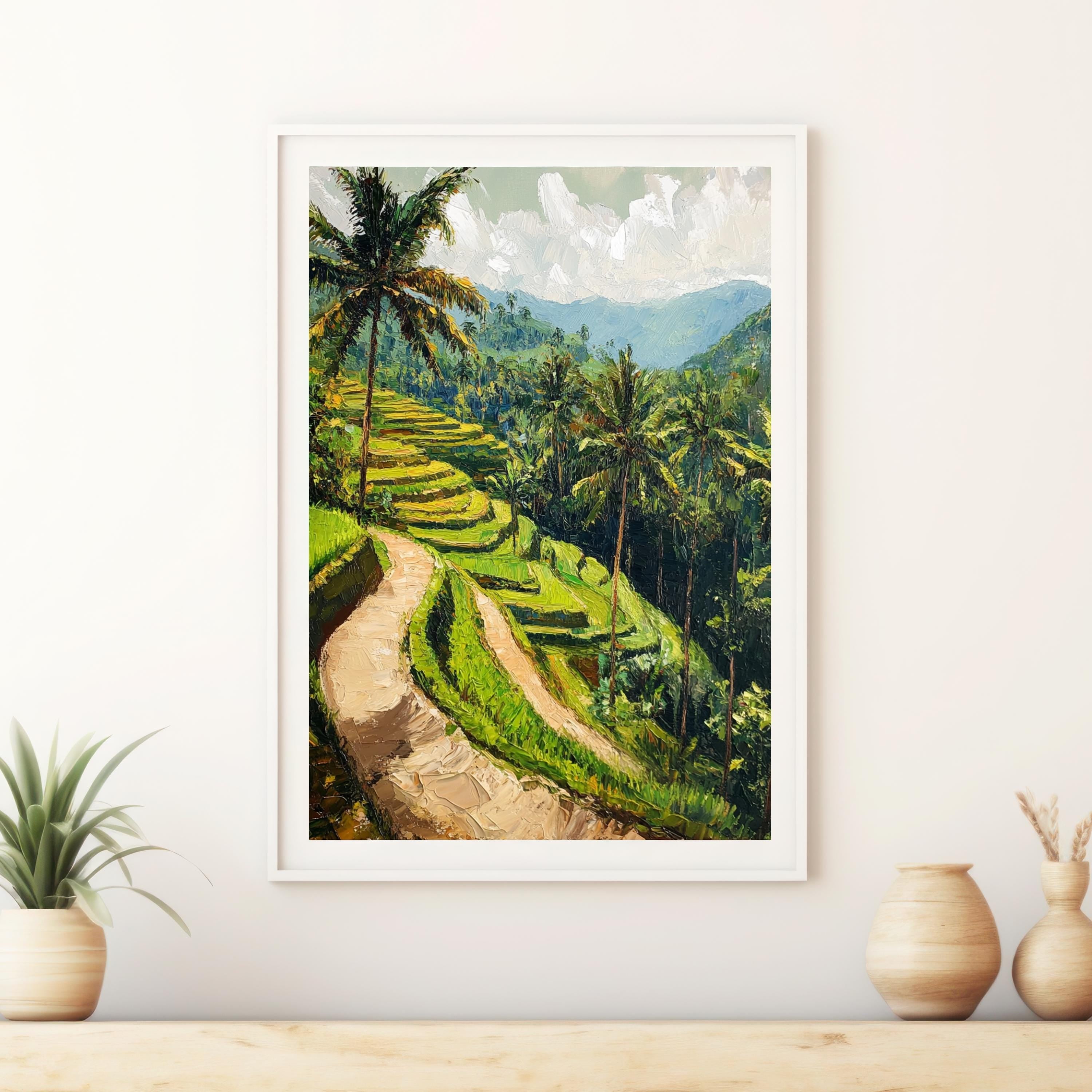 Rice terraces painting - Echoes of Ubud – Textured Beige Oil Painting of Bali’s Rice Terraces