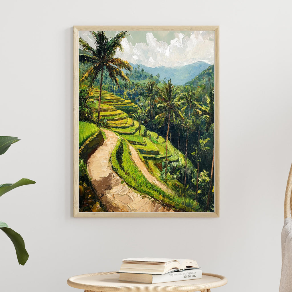 Rice terraces painting - Echoes of Ubud – Textured Beige Oil Painting of Bali’s Rice Terraces