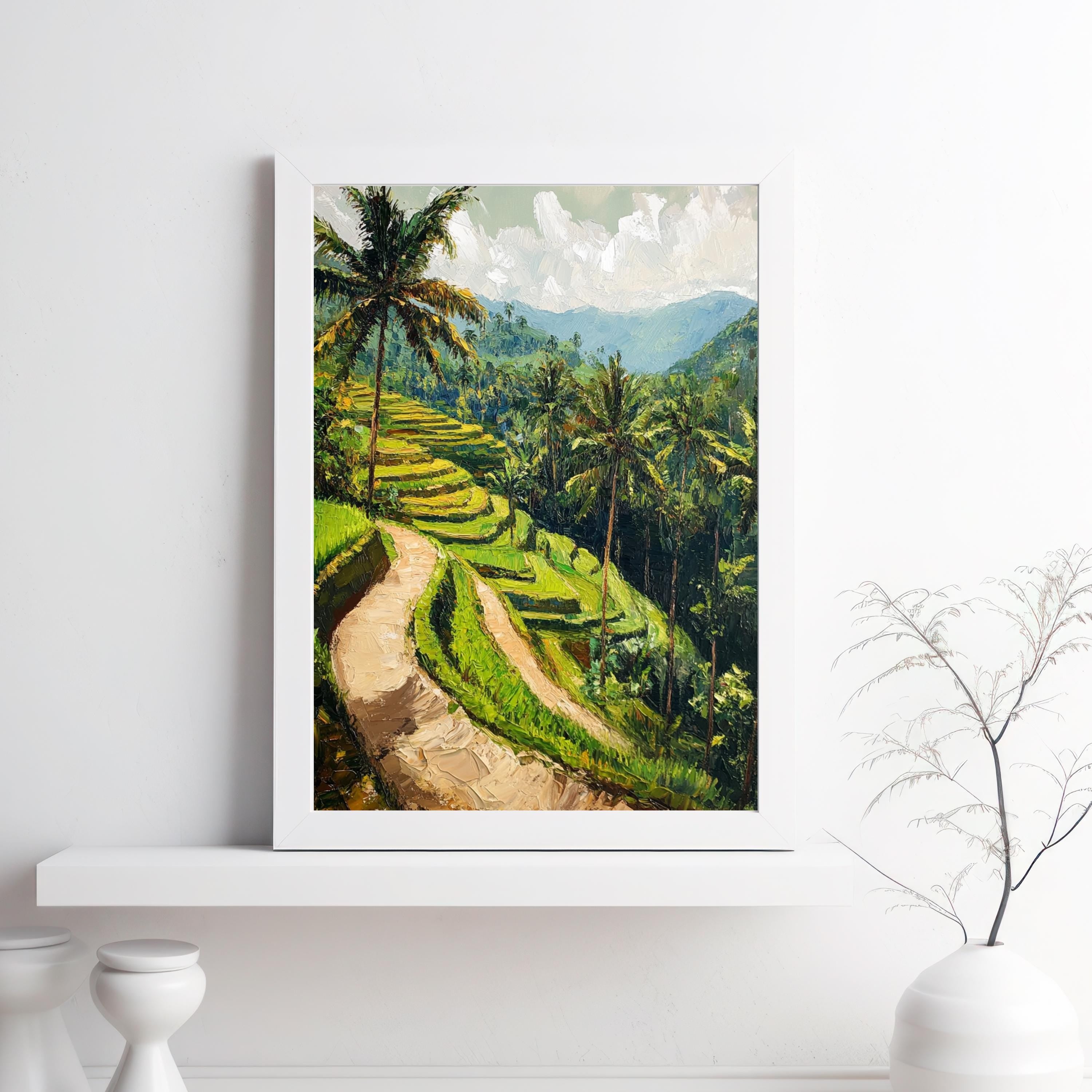 Rice terraces painting - Echoes of Ubud – Textured Beige Oil Painting of Bali’s Rice Terraces