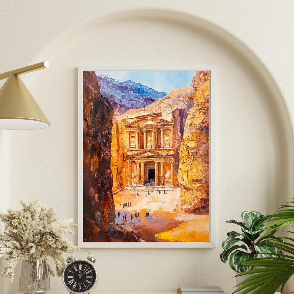 Petra, Jordan – Ancient Rose City Wall Art in Beige Palette Knife Oil – Textured Venetian Earthtone Painting of The Treasury