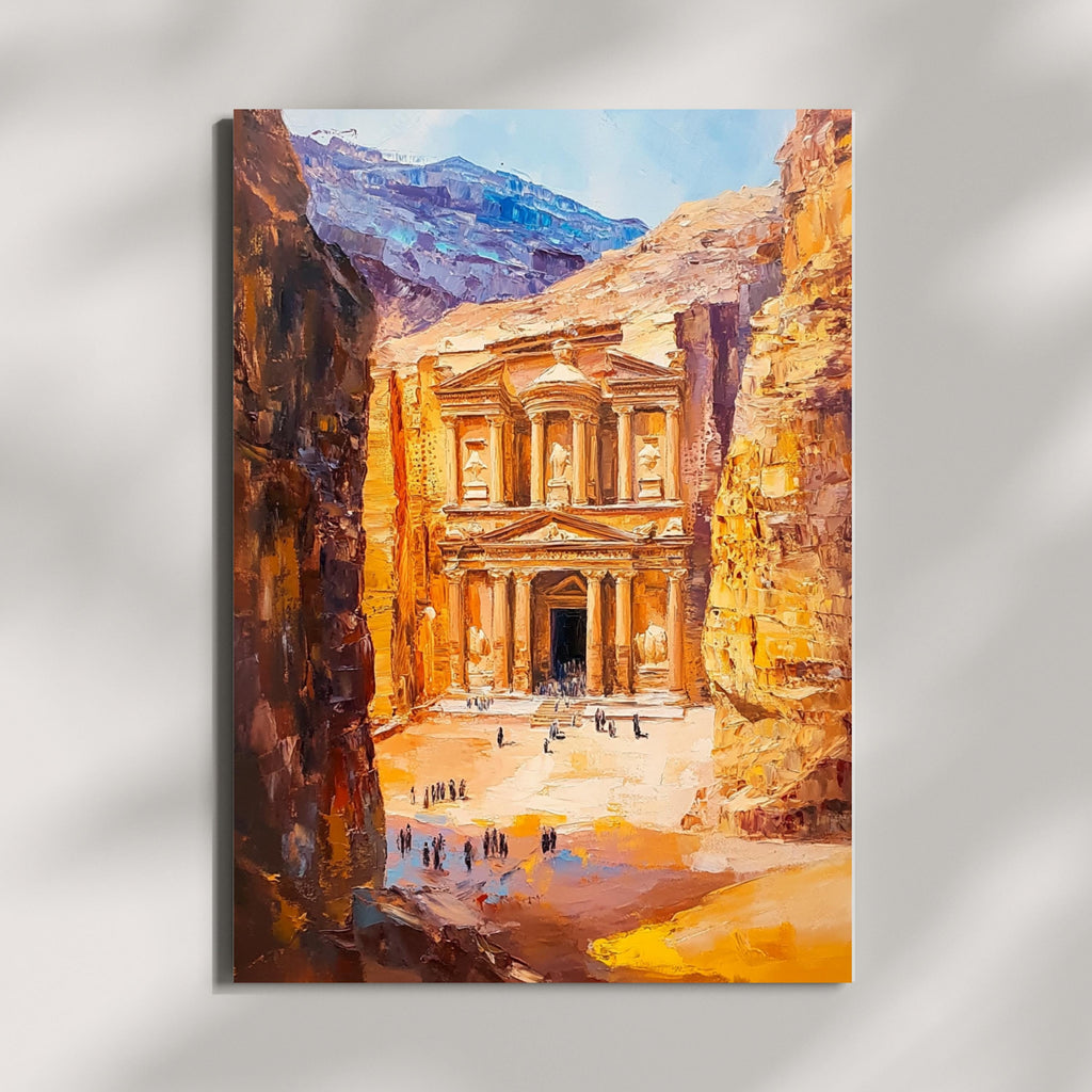 Petra, Jordan – Ancient Rose City Wall Art in Beige Palette Knife Oil – Textured Venetian Earthtone Painting of The Treasury