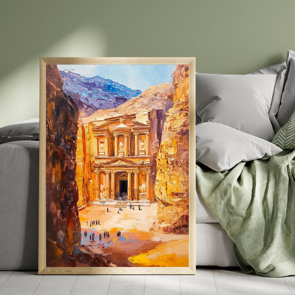 Petra, Jordan – Ancient Rose City Wall Art in Beige Palette Knife Oil – Textured Venetian Earthtone Painting of The Treasury