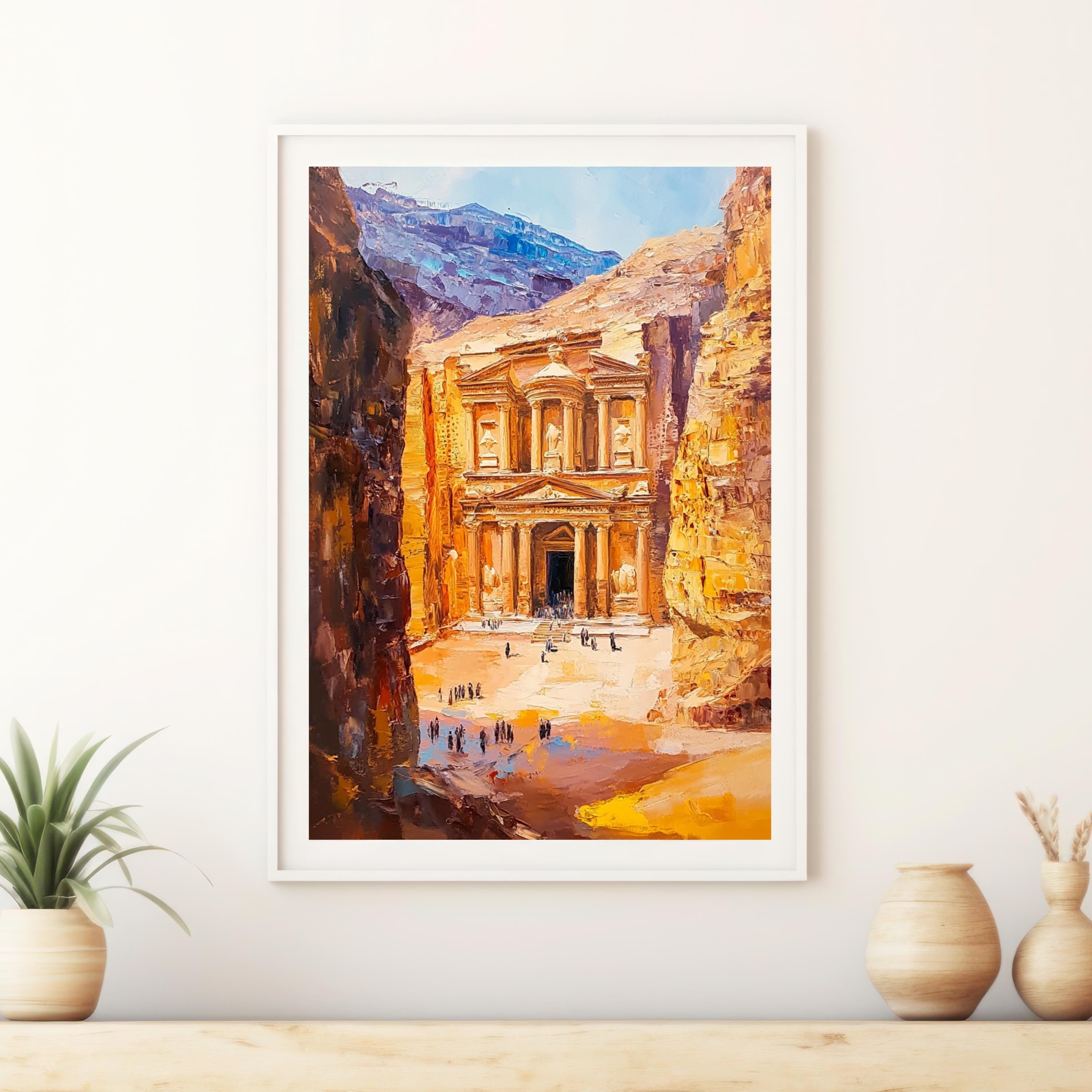Petra, Jordan – Ancient Rose City Wall Art in Beige Palette Knife Oil – Textured Venetian Earthtone Painting of The Treasury