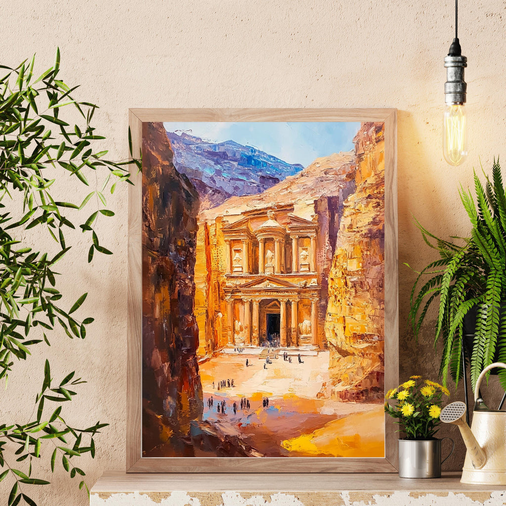 Petra, Jordan – Ancient Rose City Wall Art in Beige Palette Knife Oil – Textured Venetian Earthtone Painting of The Treasury